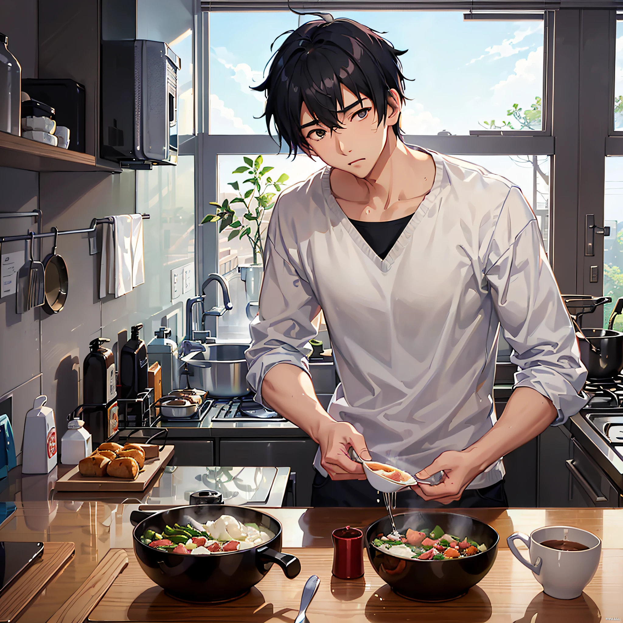 (image we're prompting): An Asian young man, groggy-eyed, preparing breakfast in the kitchen.
(5 descriptive keywords): Groggy, morning haze, culinary, morning routine, rejuvenating.
(Illustration style): Makoto Shinkai.
(camera lens type): Soft focus lens.
(time of day): Morning.
(style of Illustration): Subtle surrealism. --auto --s2