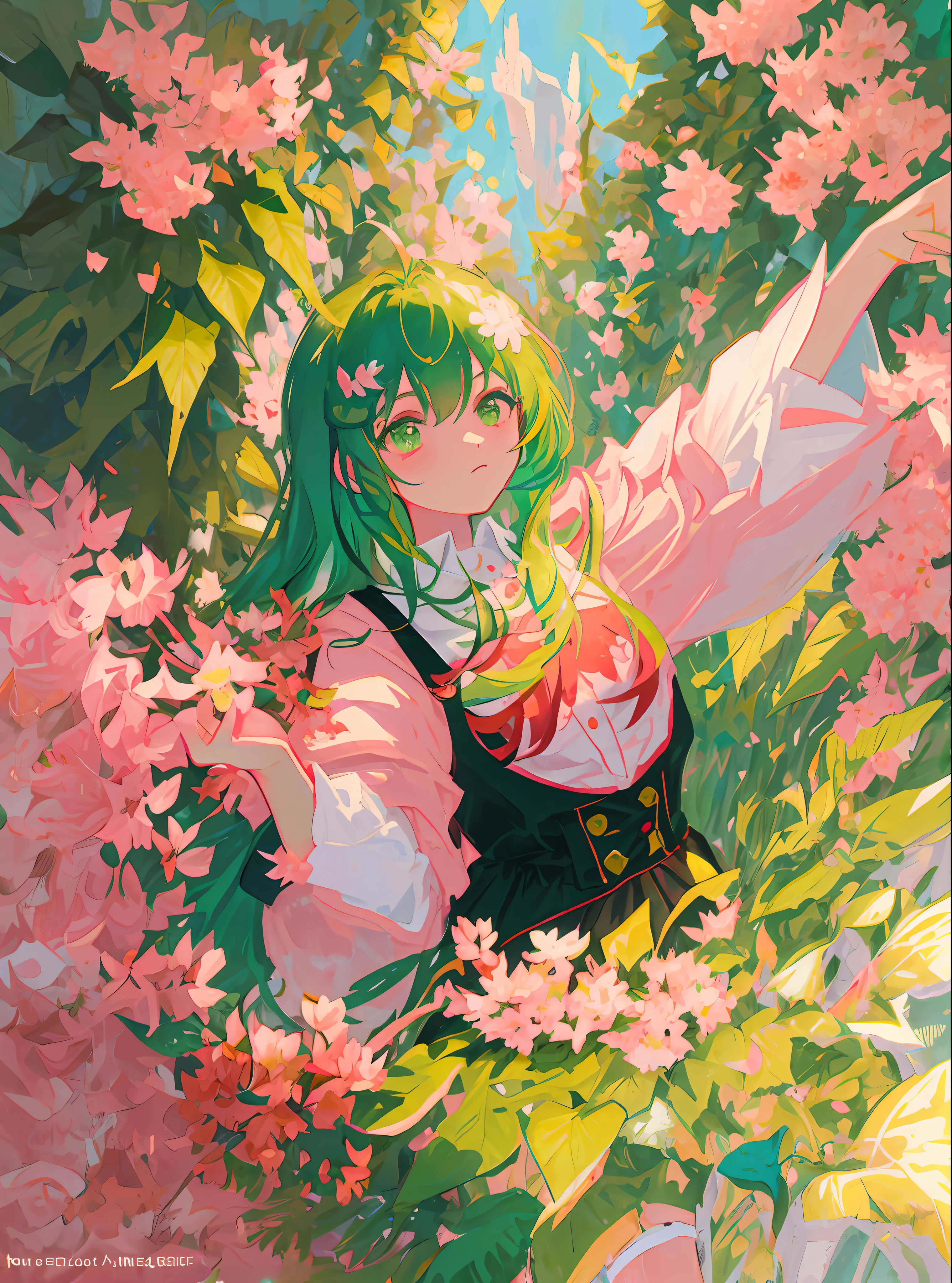 masterpiece, best quality, ultra-detailed, illustration, portrait, 1girl, Green hair, wildly floating Green hair, surrounded by pink flowers, red insects, Green leaves and pink petals