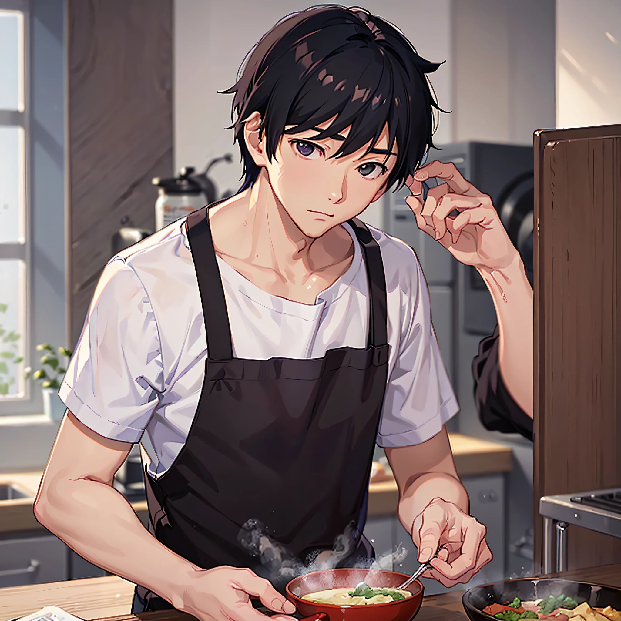 (image we're prompting): An Asian young man, groggy-eyed, preparing breakfast in the kitchen.
(5 descriptive keywords): Groggy, morning haze, culinary, morning routine, rejuvenating.
(Illustration style): Makoto Shinkai.
(camera lens type): Soft focus lens.
(time of day): Morning.
(style of Illustration): Subtle surrealism. --auto --s2