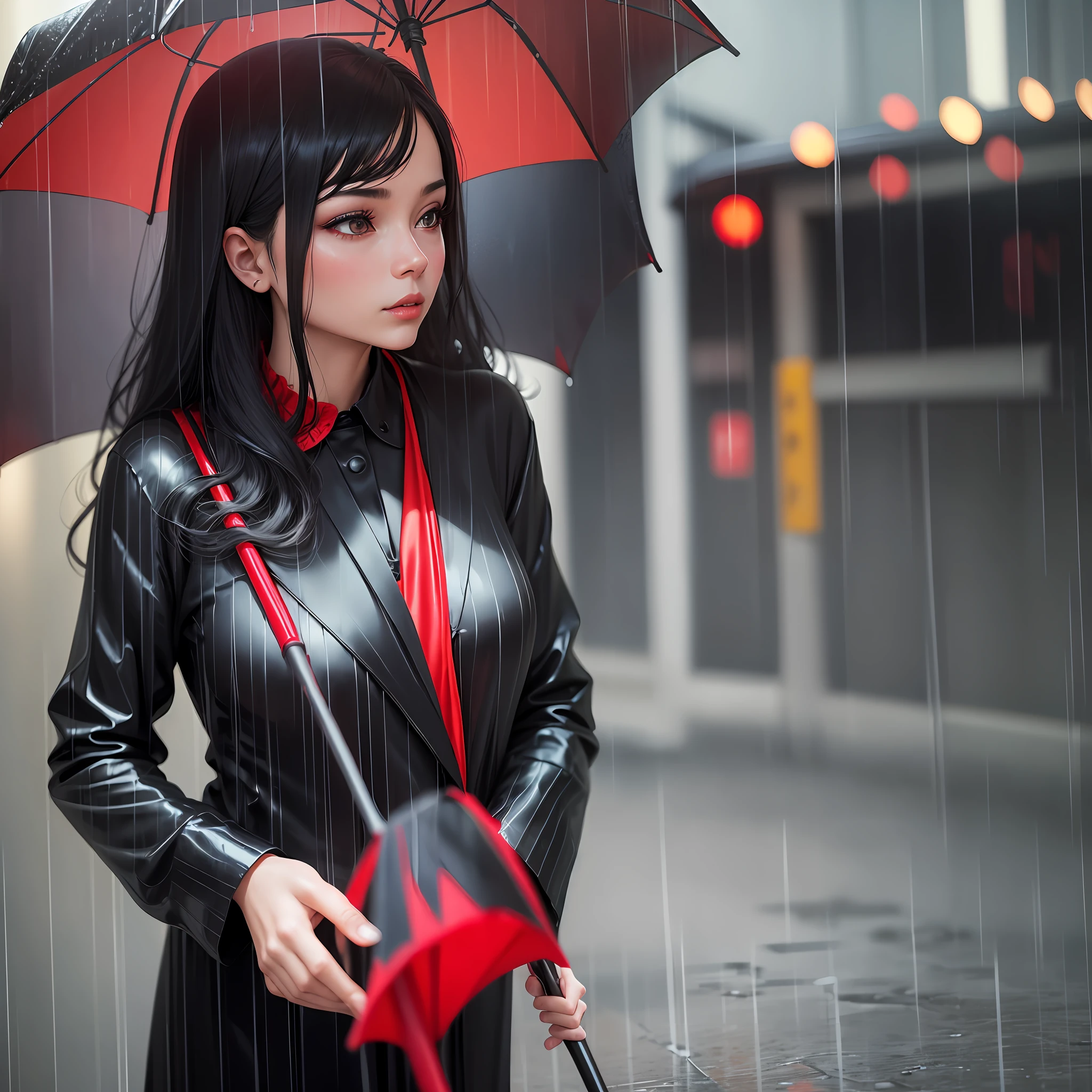 On a rainy day, the girl is black silk and red with an umbrella --auto --s2