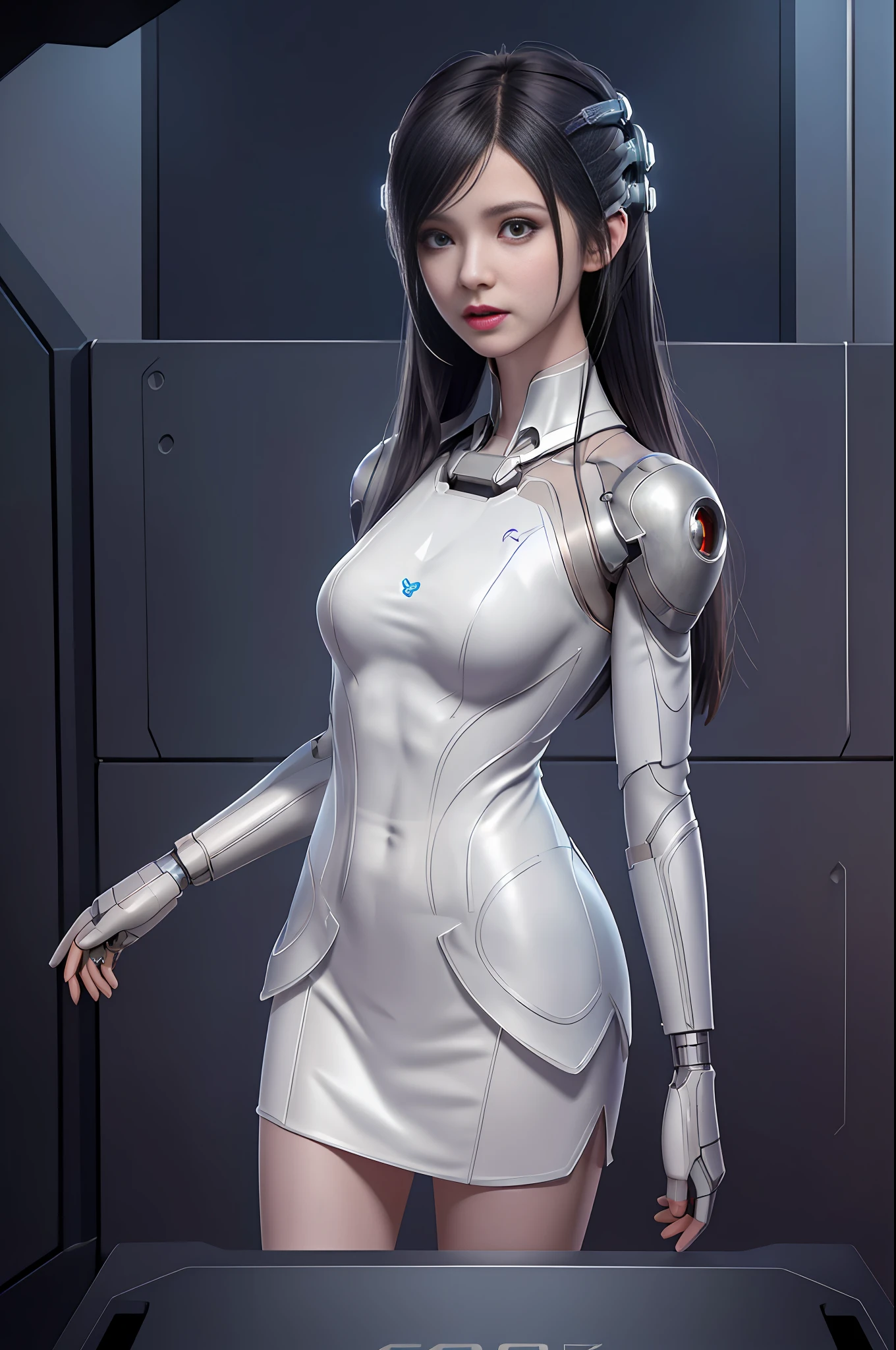 Dystopian, [sci-fi], High Detail RAW color Photo, Full Shot, of (cute female arterial intelligence, cybernetic enhancements), indoors, standing, (inside cryogenic chamber, in advanced cyberpunk research facility), toned physique, (small perky breasts, normal, large ass, (pale skin), (cybernetic implants:1.2), (augmentations), (cyborg:1.1), (detailed skin, diffused skin pores), silicone, metal, (highly detailed, fine details, intricate), (lens flare:0.4), (bloom:0.4), diffused soft lighting, raytracing, shallow depth of field, (Oliver Wetter), photographed on a Canon EOS 5D, 90mm micro lens, f/8, sharp focus, smooth, cinematic film still from Blade Runner 2049, [Cyberpunk:Dieselpunk:0.25]