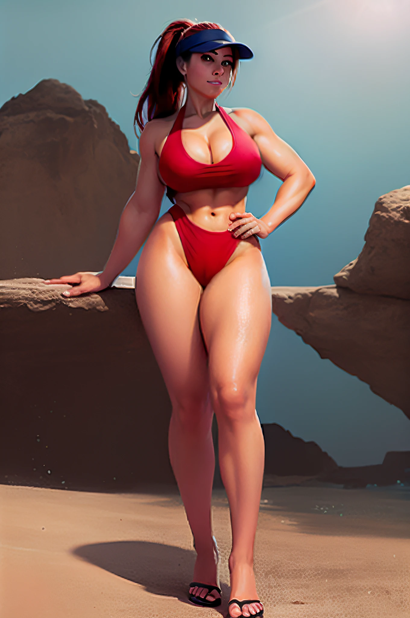 Full body view, big, cleavage, single woman, fitness model, long legs, muscles, abs, refreshing smile, red hair, ponytail, dark blue swimsuit, sun visor, Japan and half American, fitness, blue eyes, height 175cm, sports all-round, cosplay, portrait, shot by Canon 5D Mk4 --auto --s2