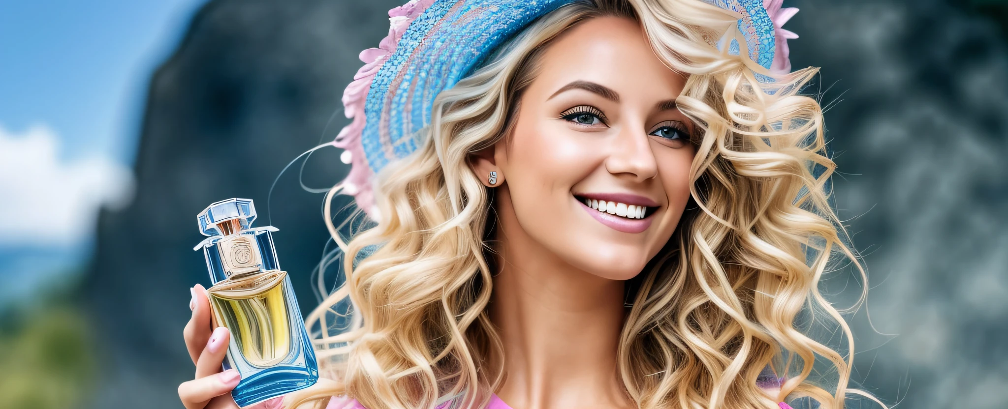 A wavy-haired blonde woman with an infectious smile on her face, gently holding a bottle of perfume in her right hand. The background features a smooth gradient that transitions from blue to pink, creating a cheerful and welcoming atmosphere. The sunlight gently illuminates the scenery, enhancing the beauty of the woman and the perfume bottle. Subtle details of curls in the hair and the radiant expression of the woman add a touch of charm and joy to the image