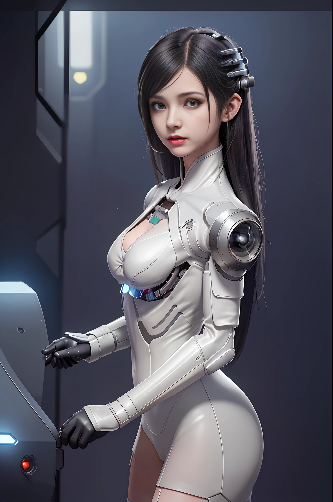 Dystopian, [sci-fi], High Detail RAW color Photo, Full Shot, of (cute female arterial intelligence, cybernetic enhancements), indoors, standing, (inside cryogenic chamber, in advanced cyberpunk research facility), toned physique, (small perky breasts, normal, large ass, (pale skin), (cybernetic implants:1.2), (augmentations), (cyborg:1.1), (detailed skin, diffused skin pores), silicone, metal, (highly detailed, fine details, intricate), (lens flare:0.4), (bloom:0.4), diffused soft lighting, raytracing, shallow depth of field, (Oliver Wetter), photographed on a Canon EOS 5D, 90mm micro lens, f/8, sharp focus, smooth, cinematic film still from Blade Runner 2049, [Cyberpunk:Dieselpunk:0.25]