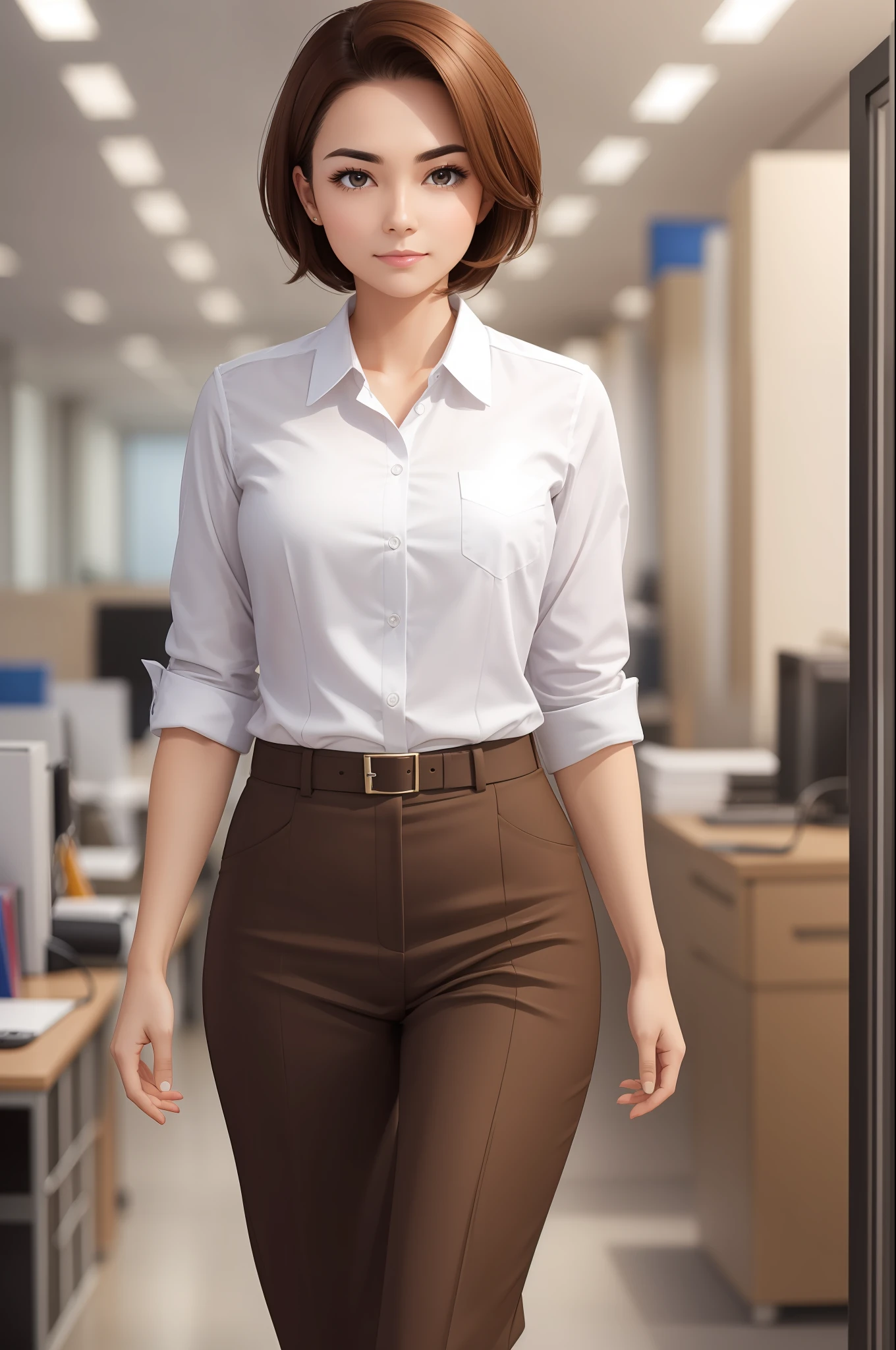 A woman, short, brown hair, long, eyebrows, who works in an office --auto --s2