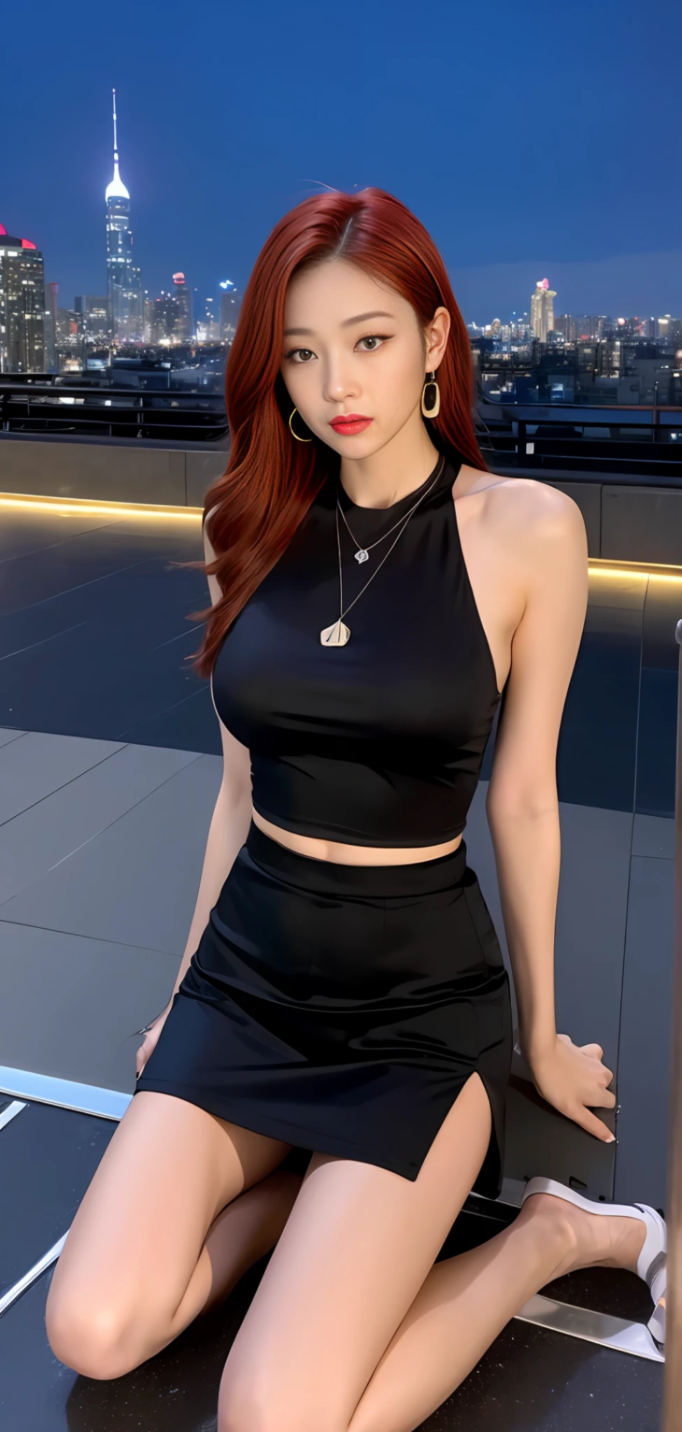 ((Midnight, Acura, 8K, Masterpiece: 1.3)), Full body, Tall and cute Korean female singer, Focal length: 1.3, Perfect body beauty: 1.5, Slim abs: 1.1, ((Red hair, Big breasts: 1.8 )), (Black short blouse shirt, black low-rise miniskirt, kneeling: 1.2), ((City Night View, Roof: 1.3)), Highly detailed face and skin texture, Detailed eyes, Double eyelids, kneeling, necklace, earrings