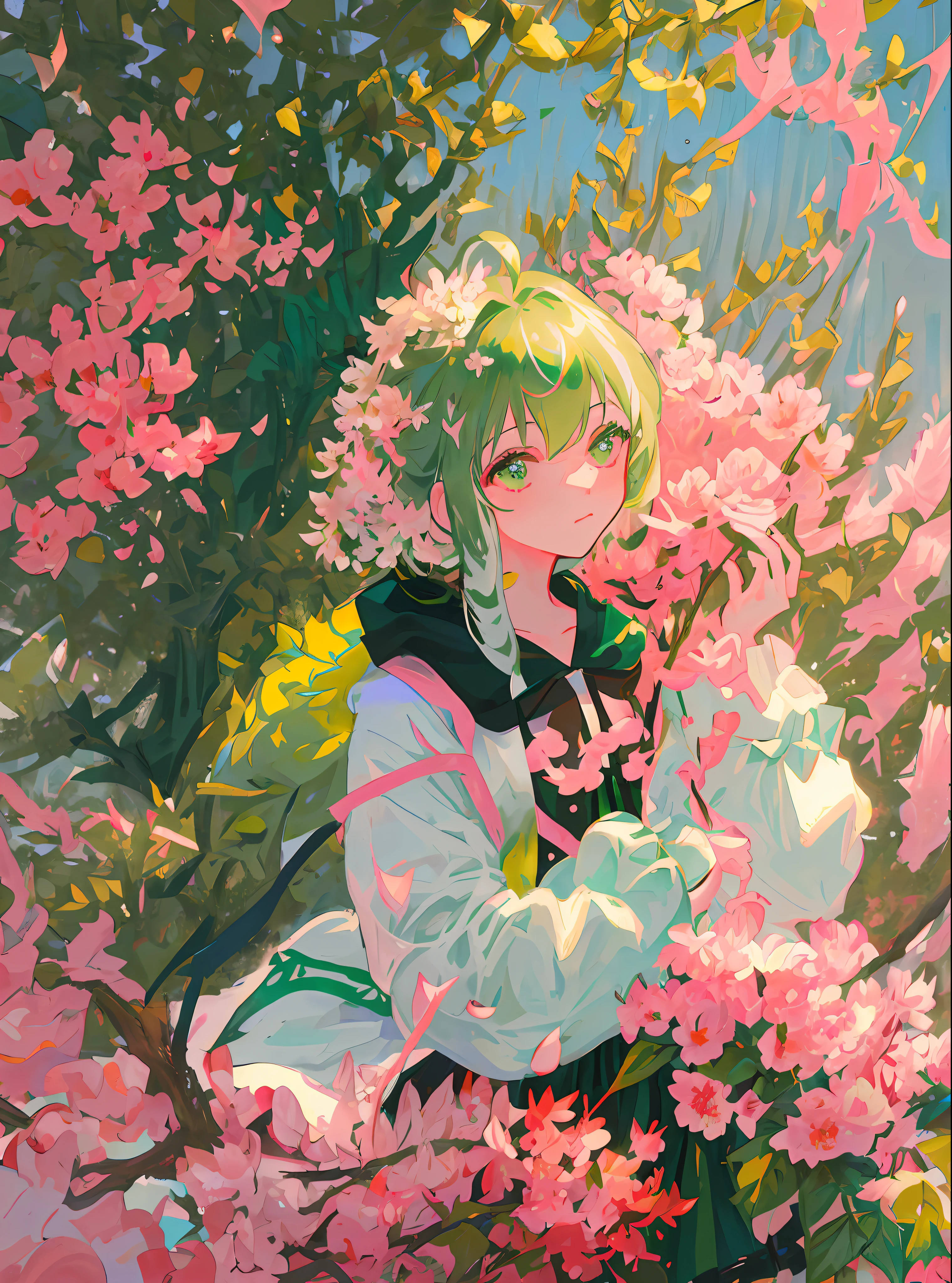 masterpiece, best quality, ultra-detailed, illustration, portrait, 1girl, Green hair, wildly floating Green hair, surrounded by pink flowers, red insects, Green leaves and pink petals