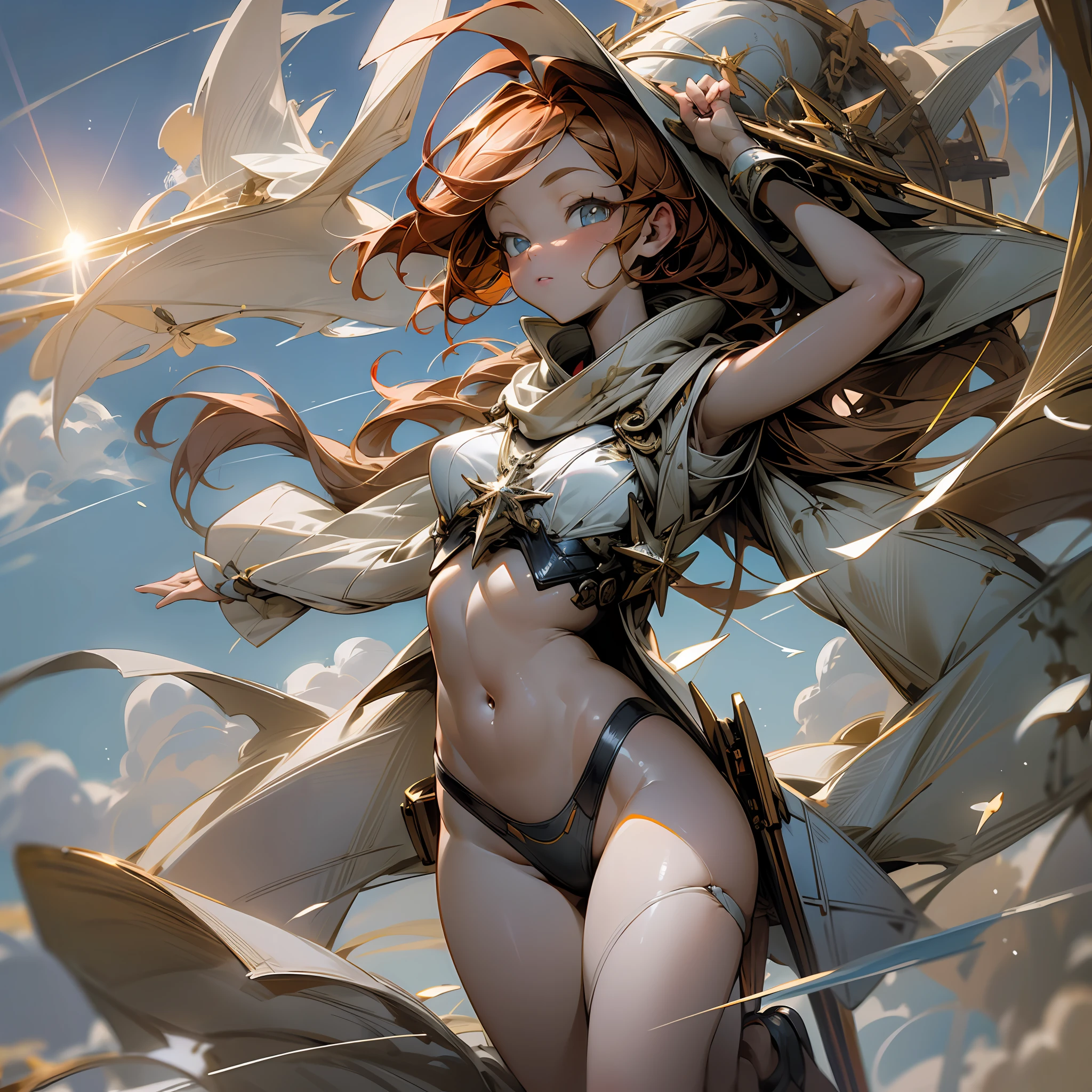 (Masterpiece, top quality: 1.2), super detail, cinematic lighting, HDR, witch in plain bikini swimsuit, full body, swimsuit, weightless, cute, beautiful face, beautiful eyes, wizard, short redhead, ahoge, slim body, small, aircraft carrier, hangar, pouring sun, flying light, contrails, dynamic angles, dynamic poses, 200mm lens,