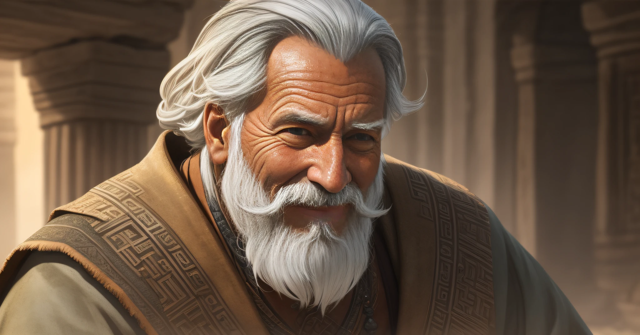 A memorable scene from an ancient city, where an old sage with gray hair and long gray beards smiles. The environment is immersive with realistic details and the lighting is perfect for adding drama and depth to the scene.