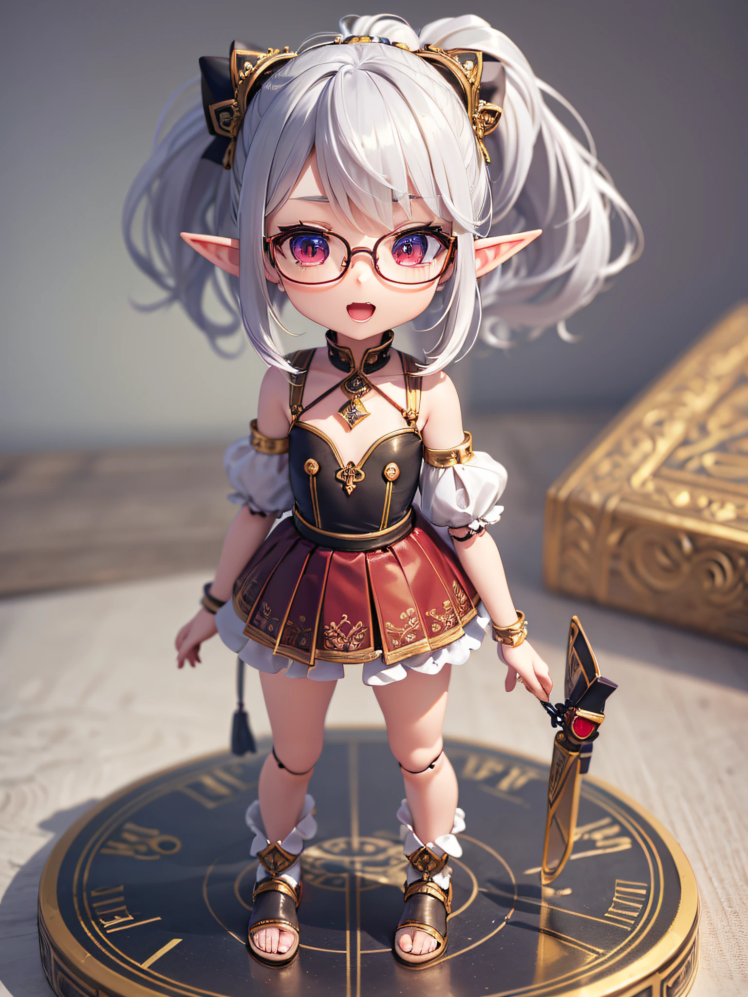 ((masterpiece)), ((best quality)), (ultra-detailed), ((an extremely delicate and beautiful)), perfect anatomy, cute, illustration, ((elf)), 10yo, a cute girl, 1girl, solo, ((flat chest)), ((thin thighs)), beautiful silver hair, short hair, messy hair, ponytail, beautiful red eyes, upturned eyes, red glasses, hair ornament, smile, open mouth, looking at viewer, (3d model, figure, character doll), chibi, ((full body)),