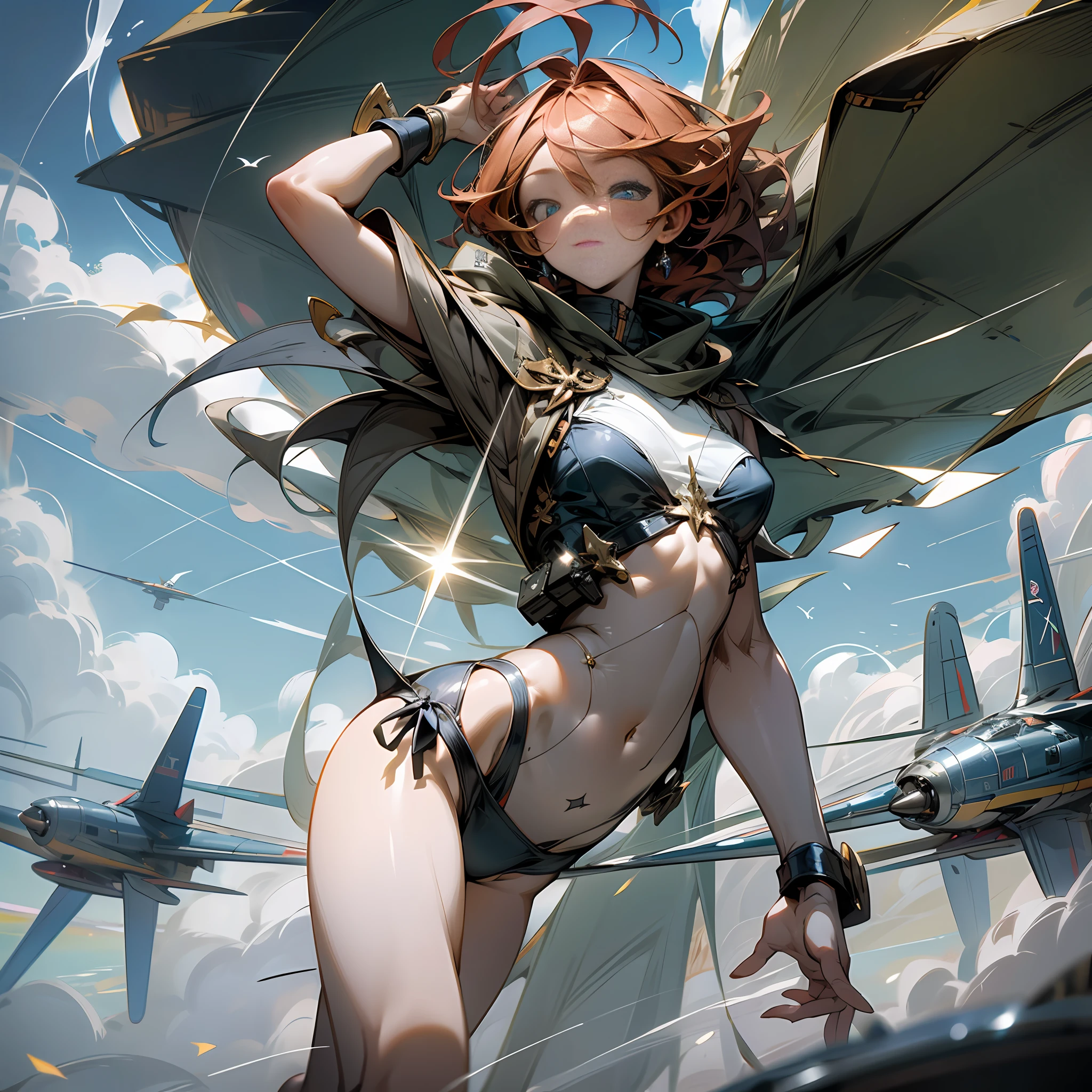 (Masterpiece, top quality: 1.2), super detail, cinematic lighting, HDR, witch in plain bikini swimsuit, full body, swimsuit, weightless, cute, beautiful face, beautiful eyes, wizard, short redhead, ahoge, slim body, small, aircraft carrier, hangar, pouring sun, flying light, contrails, dynamic angles, dynamic poses, 200mm lens,