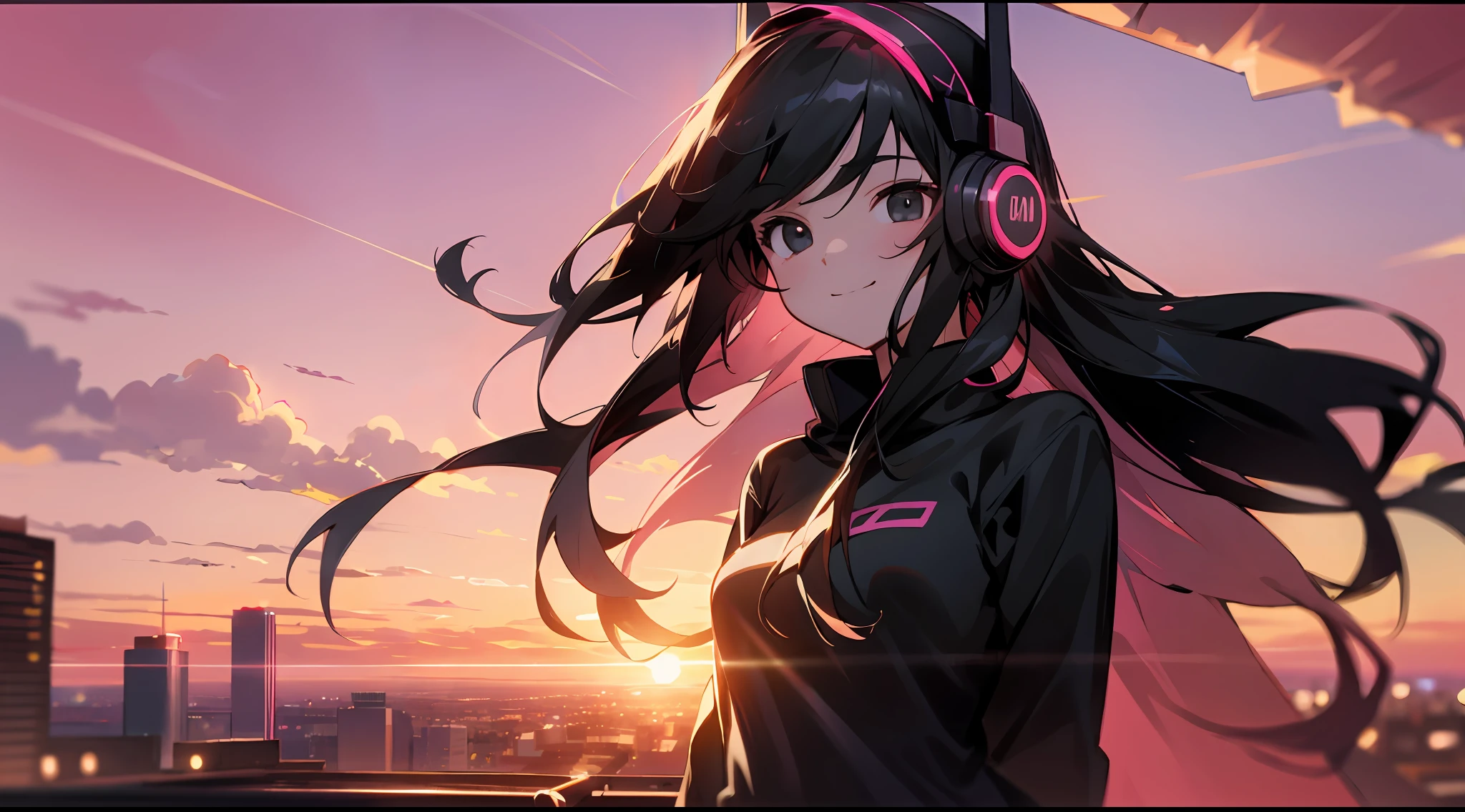 cowboy shot, depth of field, perspective, cinematic angle, masterpiece, best quality, super detailed, arms behind back, smile, a girl, long black hair, black eyes, black shirt, headphones, sideways, standing on the roof, rooftop, pink sunset, beautiful sunset, pink sky sunset, distant city, city view