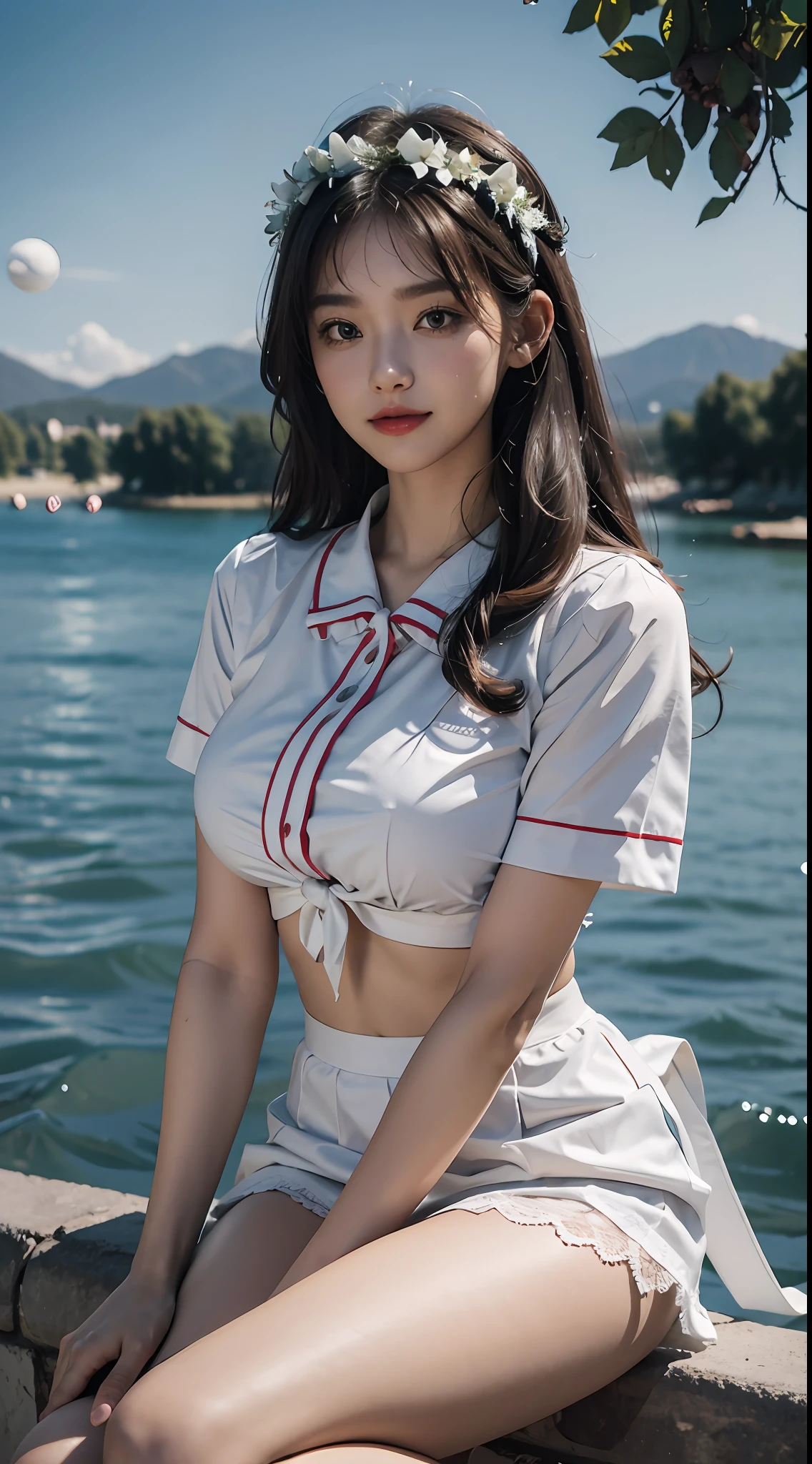 (Masterpiece, Best Quality: 1.1, Ultra Detail, Extreme Photo:1.3, Photo: 1.3), White Sailor Suit, Shut Up.quad drills, seductive smile, Seated, Tie, By the River, Skirt Flying, Lace Panties Exposed, Hyper-Detail Background, Medium Tits, (Night), Clear Moonlight, Head Wreath, Surrealism, 8k, Super detail, Super detail, highres
