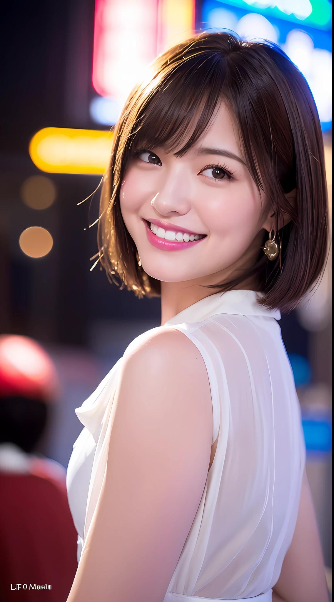 (8k, RAW Photos, Best Quality, High Resolution: 1.1), (Ultra Realistic: 1.4), (Realistic, Photorealistic: 1.3), Soft Light, Big Girl, Realistic Face, Realistic Body, Realistic Skin, Absurdity, Masterpiece, (Cute: 1.8), Cuties, Solo, (Large: 1.2), Detailed Black Eyes, Innocent Eyes, Cheeks, (Blouse: 1.2), Cinema Light, Film Grain, (((Short Bob Hair: 1.1)), Cherry Colored Lips, Close-up, Look Viewer, Upper Body, Open Lips, Top Teeth, (Smiling Eyes: 0.6), (((grinning: 1.2)), Depth of Field, Blurred Background, Eye Focus, Bokeh, Young, Midnight, Shinjuku, Neon Sign, 85mm Lens, f/1.4, Professional Lighting, Young, Portrait, Photon Mapping, Radiosity, physically based rendering