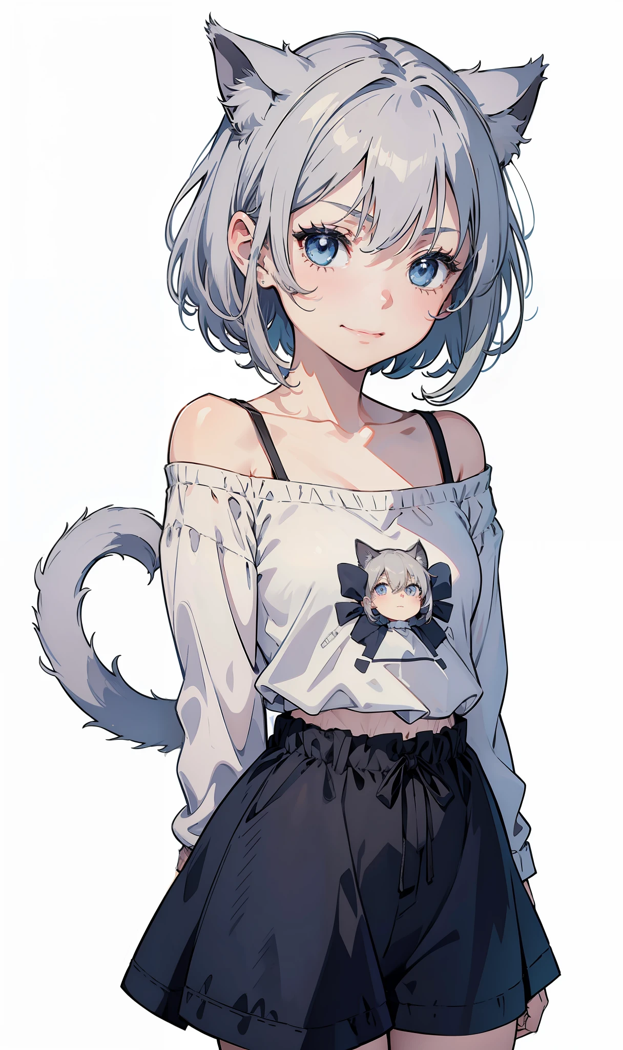 masterpiece, best quality, short hair, grey hair, blue eyes, aged down, solo, cropped legs,1girl, li, off shoulder, shirt, white background, standing, facing viewer, expressionless, grey cat ears, arms behind back, messy hair, puffy long sleeves, cat tail,  smile