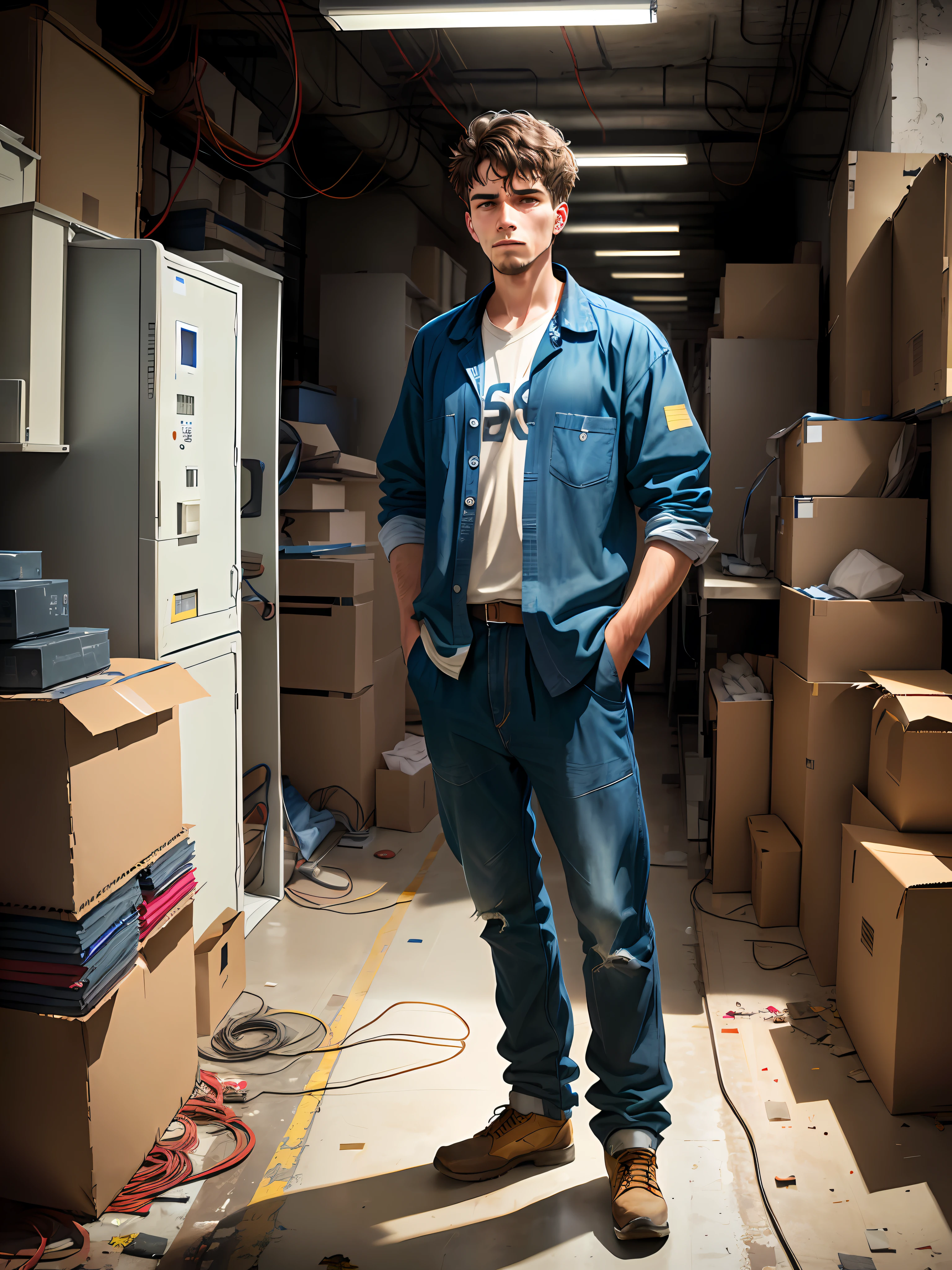 A man in worker's clothes sad because he can't solve a problem, standing in a messy production room, broken machines, moving graphics, impact, top-view camera, panorama, camera away from man