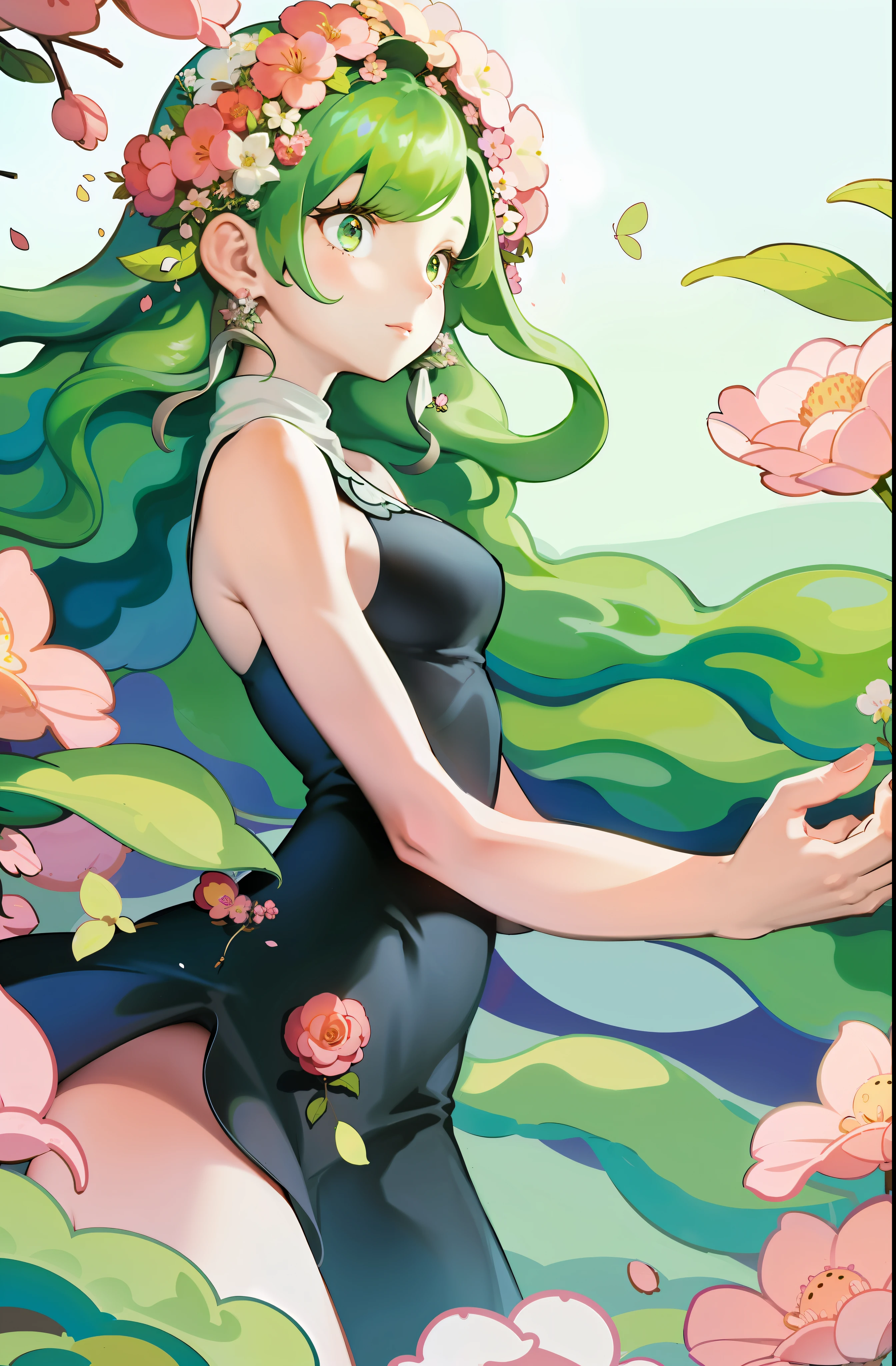 1girl, wildly floating green hair, forest background, surrounded by flowers, insects and pink petals