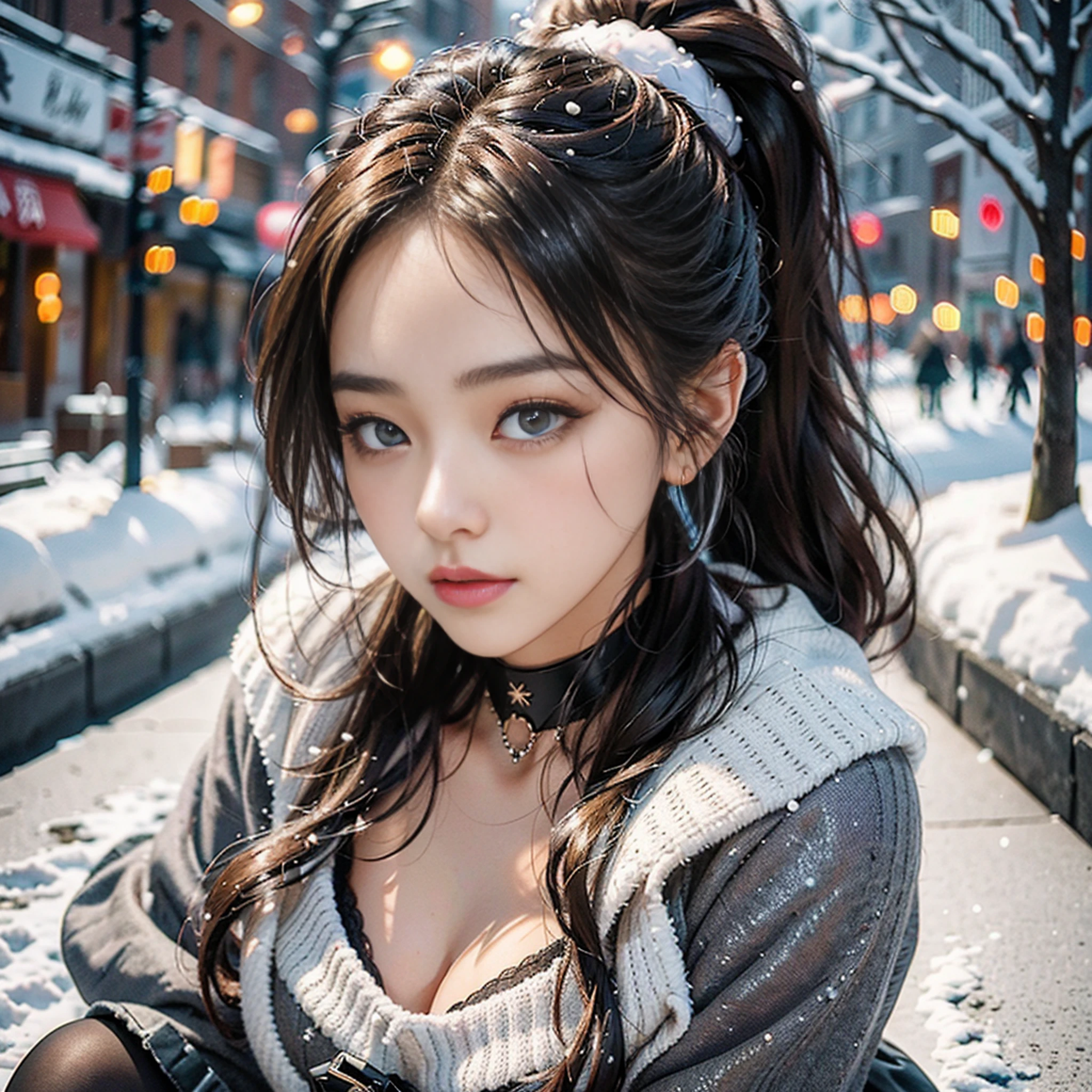 (Top Quality Detail: 1.2), Realistic, 8K UHD, High Definition, (1 Girl: 1.2), Super Detail, High Quality Texture, Intricate Detail, Detail, Very Detail CG, High Quality Shadows, Detail Beautiful Delicate Face, Detail Beautiful Delicate Eyes, Depth of Field, Ray Tracing, 20s, Pretty Kpop Girl, (South Korea: Ulzan Face: 1.1), Slender Face, (ulzzang-6500-v1.1: 0.6), PureErosFace_V1, glow eyes, blush, shiny lips, perfect body, (choker, cleavage, sweater, pantyhose: 1.1), (brown hair, ponytail: 1.1), winter_street, snow_particle, Christmas, squatting cowgirl,, POV, Watch the viewer