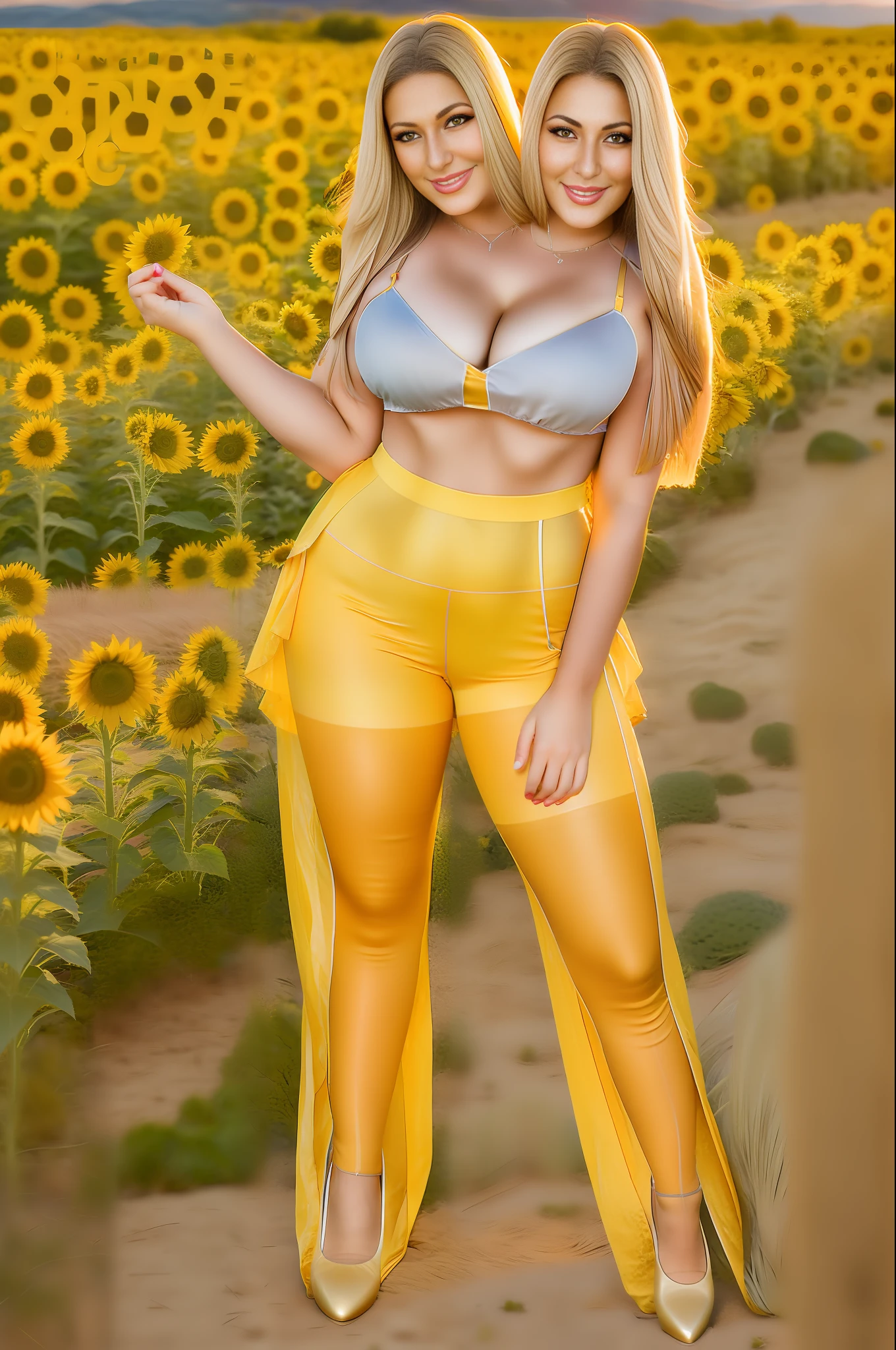 2heads,a photo of chuubuni (medium shot),posing in an sunflower field at golden hour, a wearing full body pantyhose,(slip on heels),(nice hands,perfect hands),long fingernails,fit body,(busty:0.8),(curvy hips:0.8),ultra high res,ultra detailed