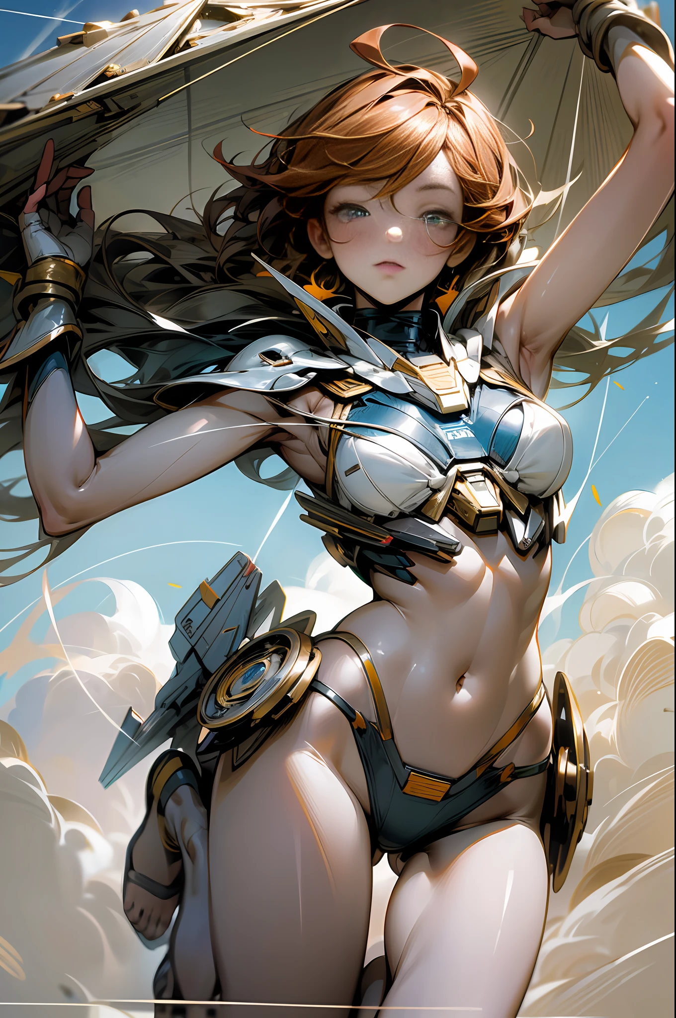 (Masterpiece, top quality: 1.2), super detailed, cinematic lighting, HDR, witch in plain bikini swimsuit, full body, swimsuit, weightless, cute, beautiful face, beautiful eyes, wizard, short redhead, ahoge, slim body, small, aircraft carrier, hangar, pouring sun, flying light, contrails, gundam, dynamic angles, dynamic poses, 200mm lens,