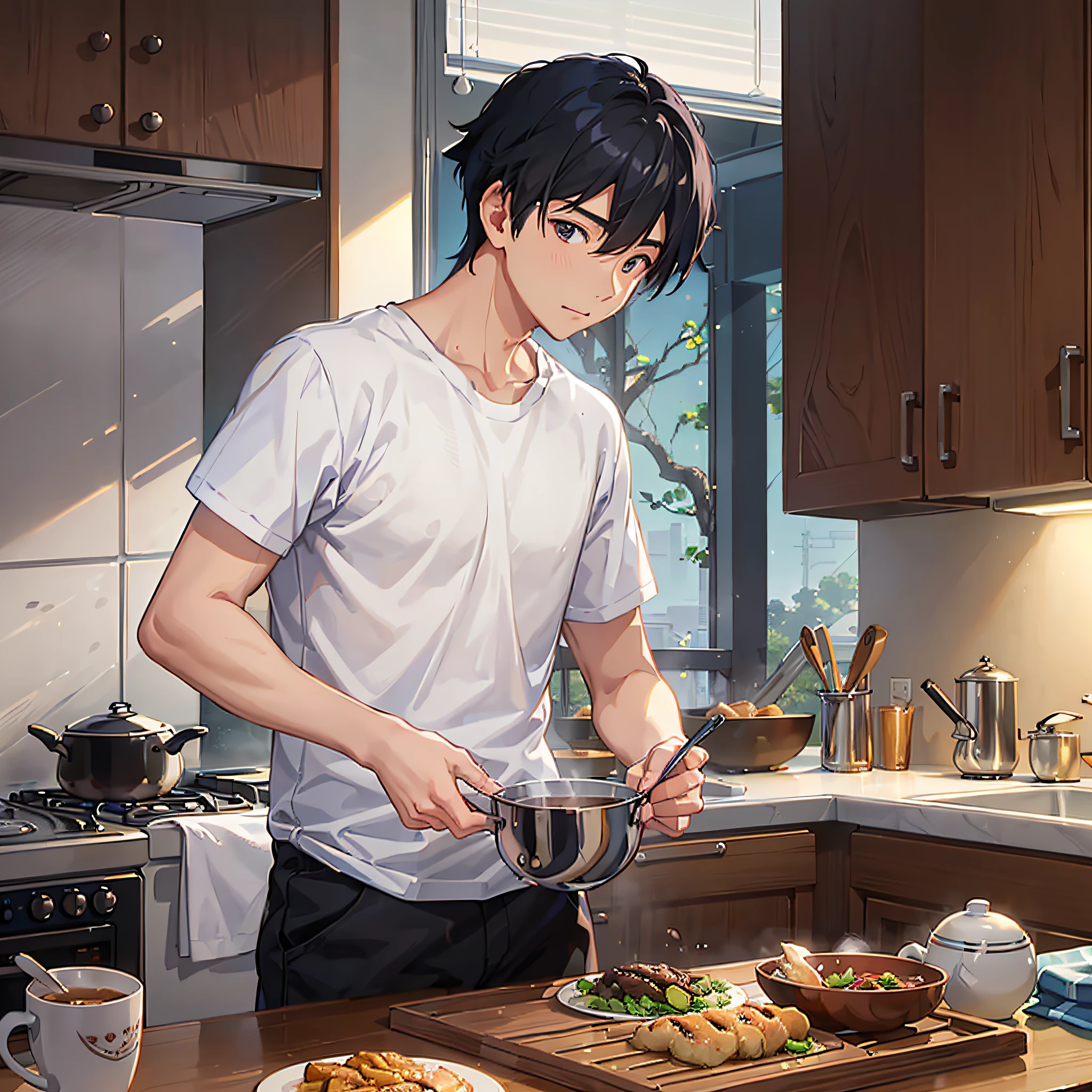 (image we're prompting): An Asian young man, groggy-eyed, preparing breakfast in the kitchen.

(5 descriptive keywords): Groggy, morning haze, culinary, morning routine, rejuvenating.

(Illustration style): Makoto Shinkai.

(camera lens type): Soft focus lens.

(time of day): Morning.

(style of Illustration): Subtle surrealism. --auto --s2