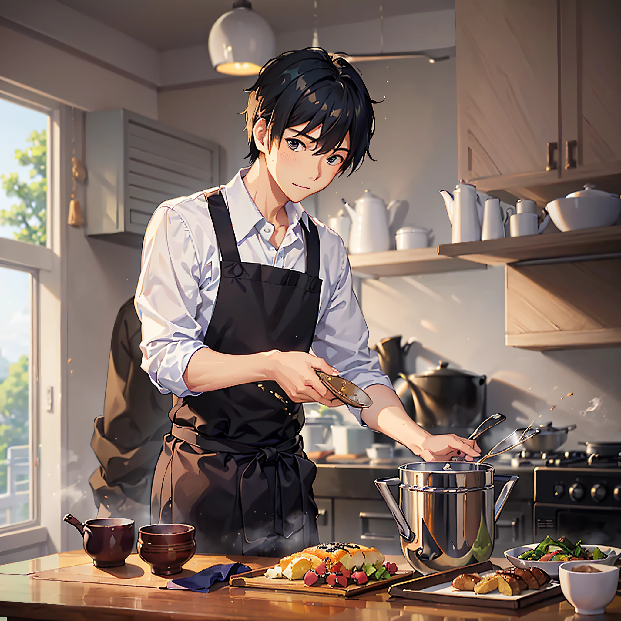 (image we're prompting): An Asian young man, groggy-eyed, preparing breakfast in the kitchen.
(5 descriptive keywords): Groggy, morning haze, culinary, morning routine, rejuvenating.
(Illustration style): Makoto Shinkai.
(camera lens type): Soft focus lens.
(time of day): Morning.
(style of Illustration): Subtle surrealism. --auto --s2
