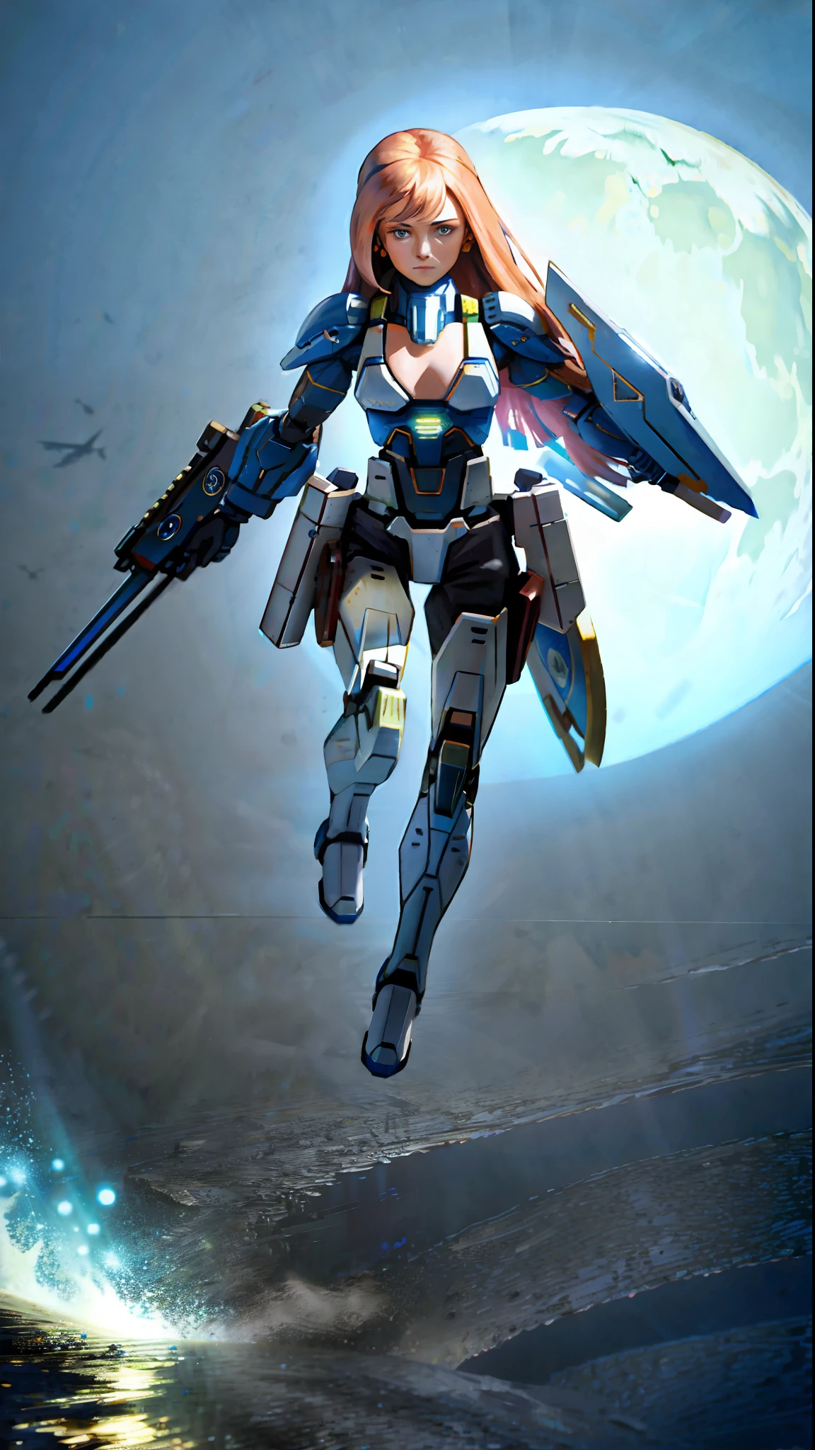 ((Masterpiece)),realistic photography, (solo exhibition: 1.4), (A beautiful woman wearing a close-fitting bikini mech suit))))Long hair, cute face, stylish and threatening design, bust, highly detailed, high detail background, combat, planet, hover, a giant shield, shoulder armor, mechanical tailgate, science fiction, fighter jet flying over the earth in space with the moon in the background, concept art, space art,