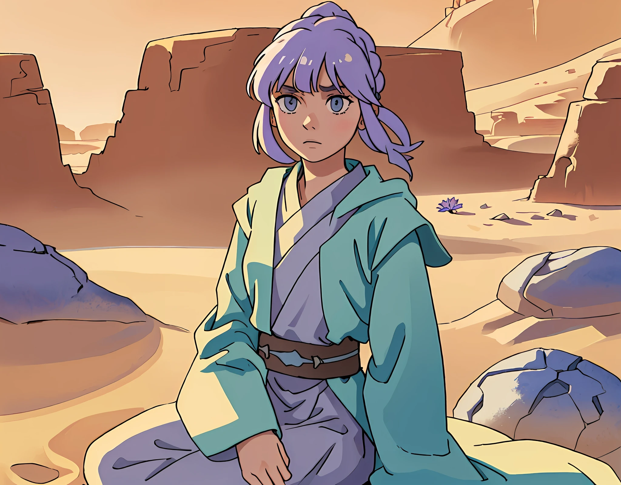 (Jedi Meditation:1.3), serene photo,1girl, Jedi master in deep meditation, in jedioutfit, sitting cross-legged, (desert oasis:1.1), surrounded by blooming desert flowers, harmonizing with the Force, spiritual retreat, transcendent tranquility, desert lighting, Absurdres, hdr, ultra detailed illustration, extremely detailed face, RAW photo, film grain, skin pores, trend in deviantart