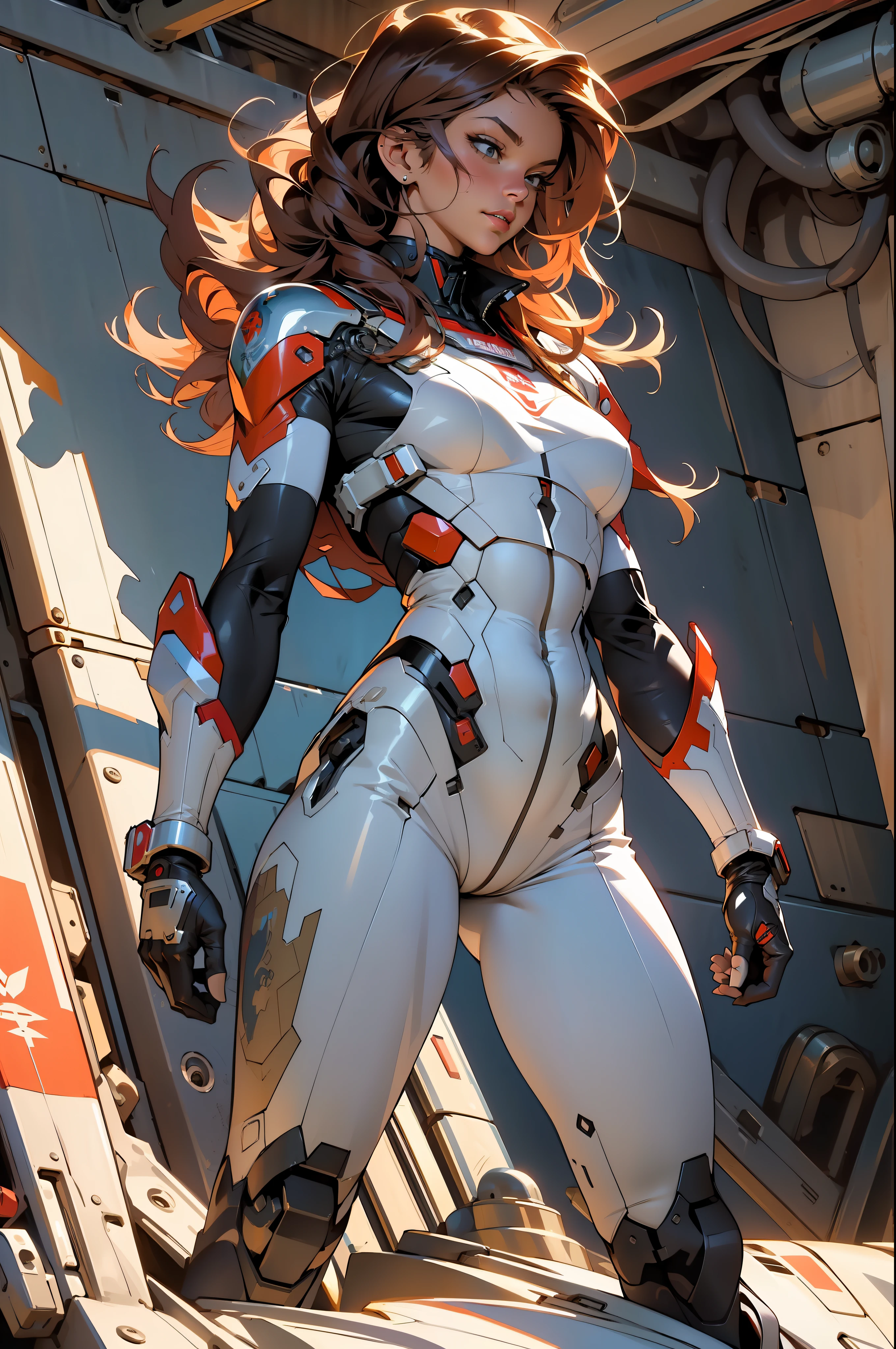 ((Best quality)), ((masterpiece)), (detailed: 1.4), (Absurd), (((full body)), (((woman))), 35-year-old woman, Beautiful muscular woman, giant robot pilot, perfect body savage, wearing little clothes, tiny thong