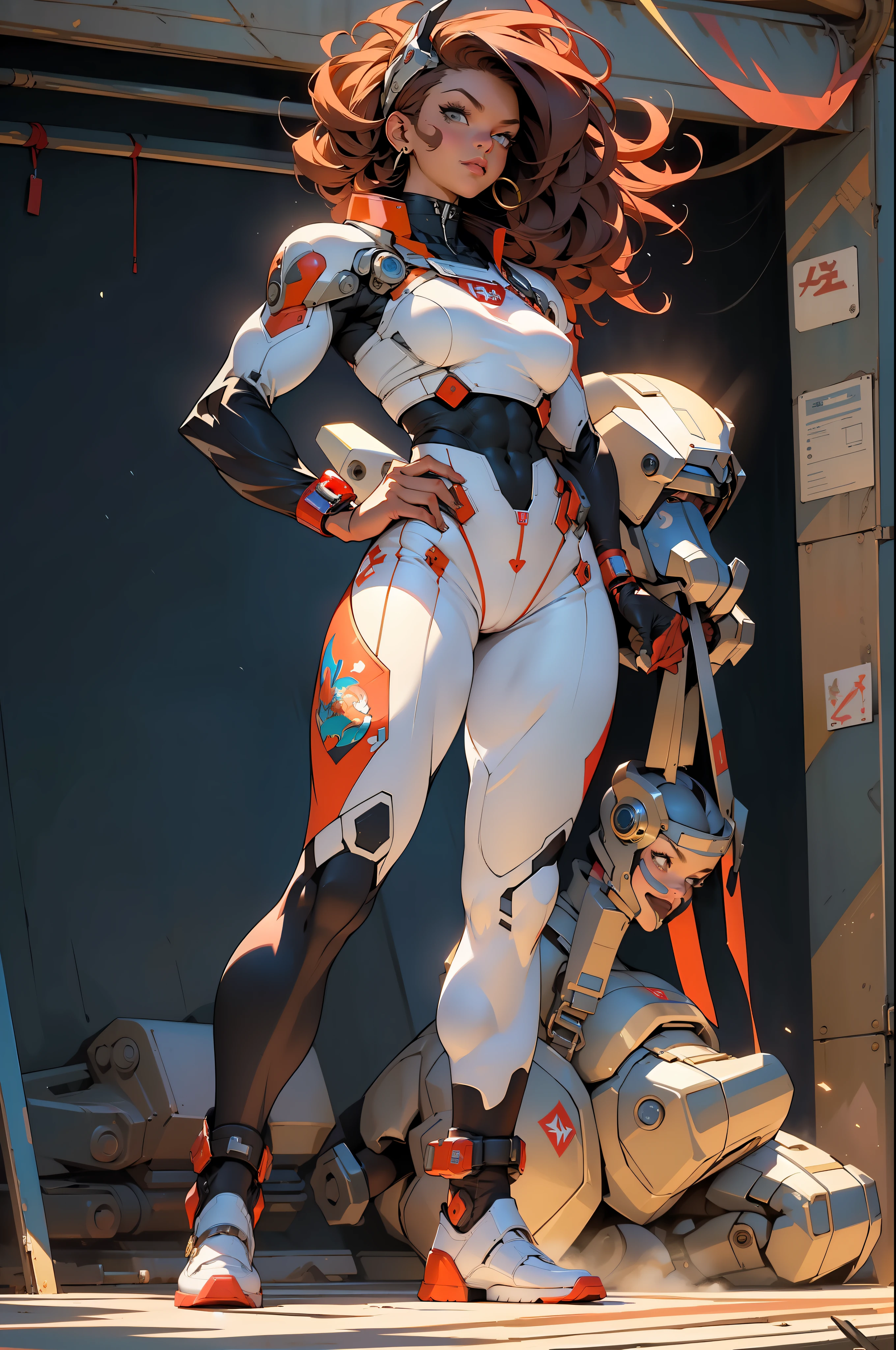 ((Best quality)), ((masterpiece)), (detailed: 1.4), (Absurd), (((full body)), (((woman))), 35-year-old woman, Beautiful muscular woman, giant robot pilot, perfect body savage, wearing little clothes, tiny thong
