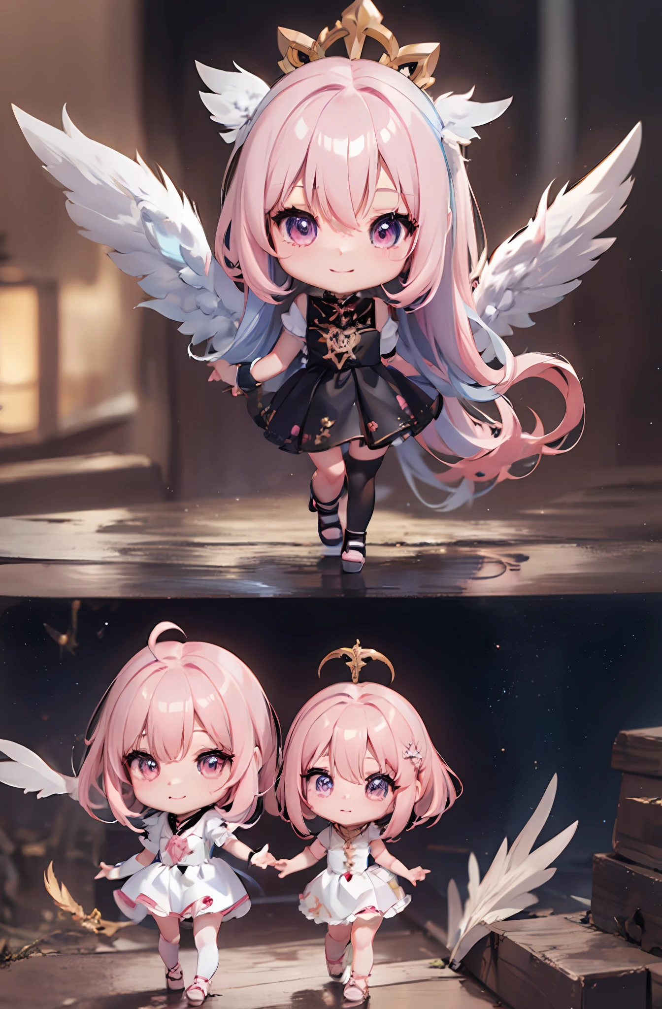 1 anime angel doll, (Chibi: 1.2), 8K high quality detail art, white feathers on the back, pink hair, gradient, twinkle, style as Nendoroid, stylized anime, anime style 4K, cute detailed digital art, Guweiz style artwork, 8K octar rendering photos, advanced digital chibi art, Cute 3d render, anime style, light, glow