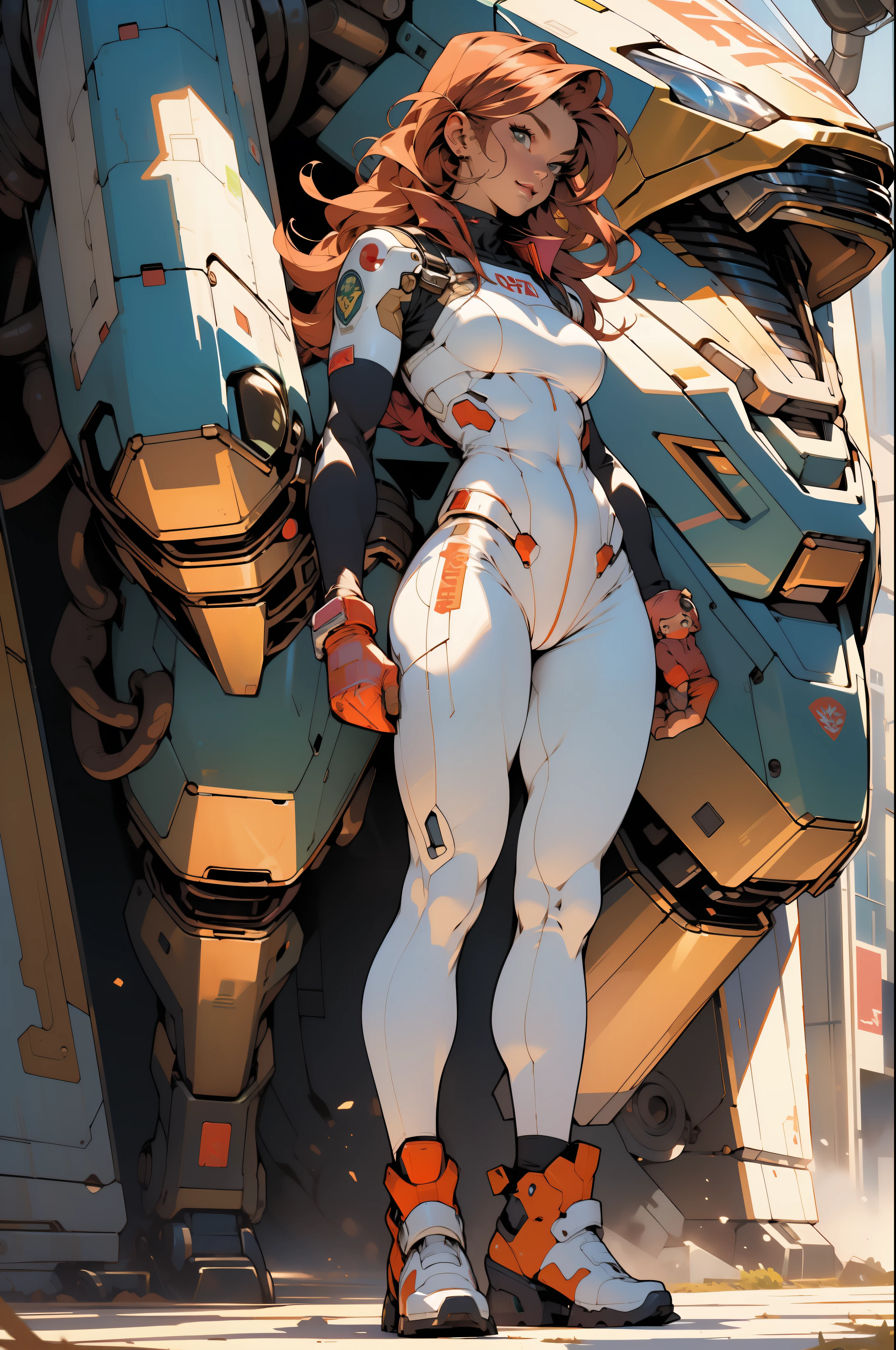 ((Best quality)), ((masterpiece)), (detailed: 1.4), (Absurd), (((full body)), (((woman))), 35-year-old woman, Beautiful muscular woman, giant robot pilot, perfect body savage, wearing little clothes, tiny thong
