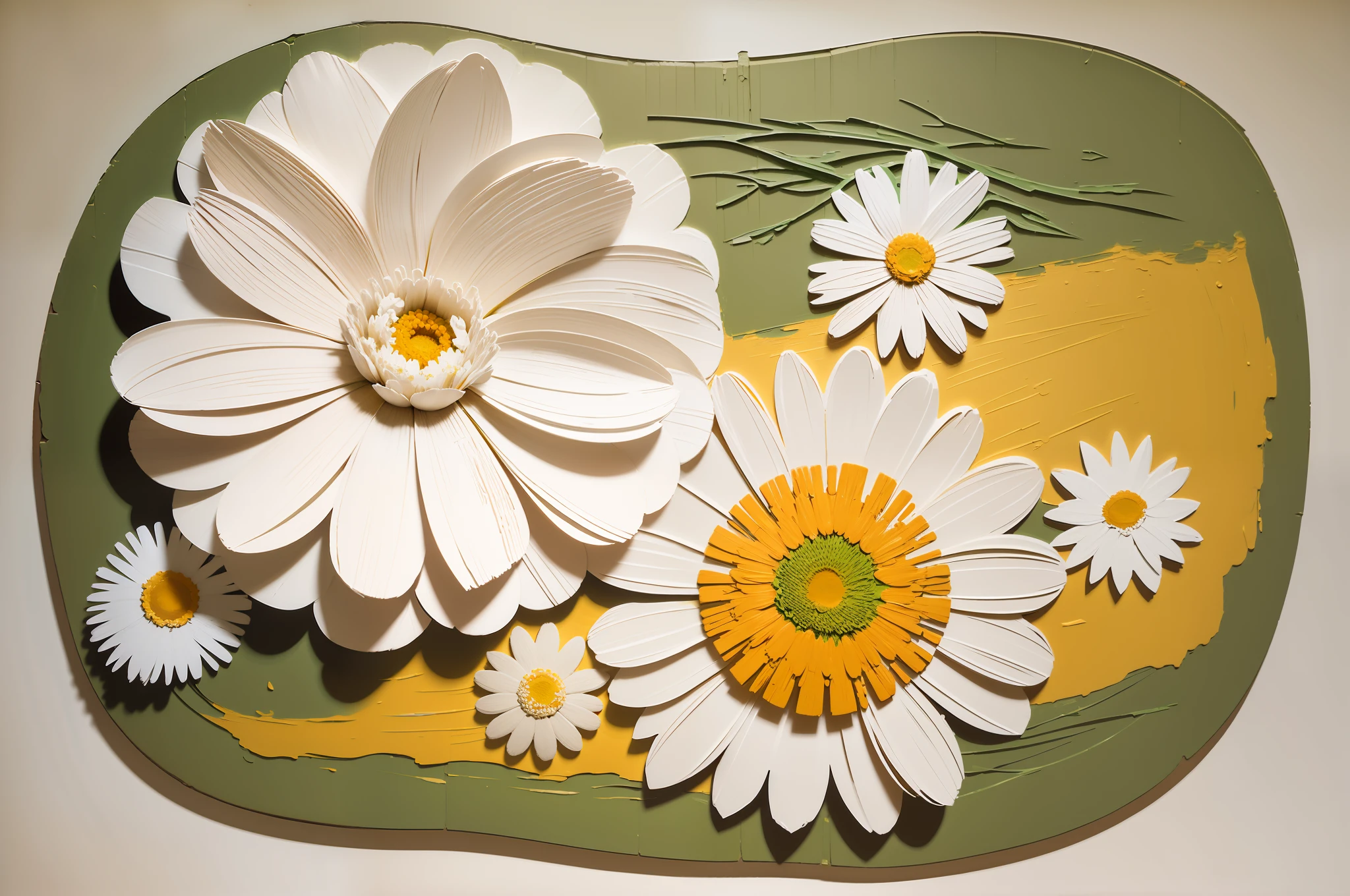 there is a picture of a decorative wall hanging with flowers, oil paint impasto reliefs, layered paper art, 3 d oil painting, oil paint impasto relief, flowers with intricate detail, intricate artwork, paper quilling, detailed impasto, head made of giant daisies, unique and intricate painting, paper cut art