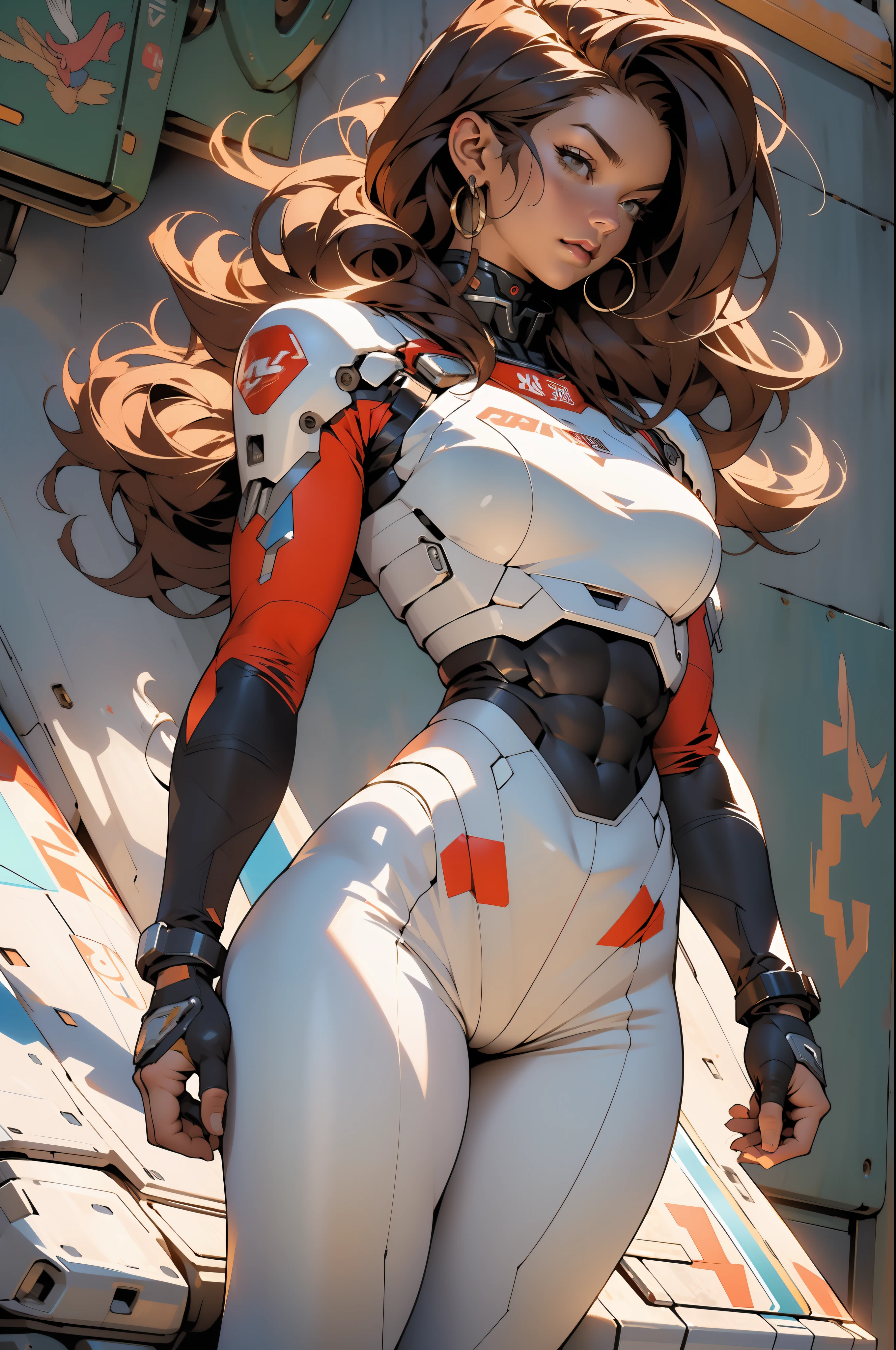 ((Best quality)), ((masterpiece)), (detailed: 1.4), (Absurd), (((full body)), (((woman))), 35-year-old woman, Beautiful muscular woman, giant robot pilot, perfect body savage, wearing little clothes, tiny thong