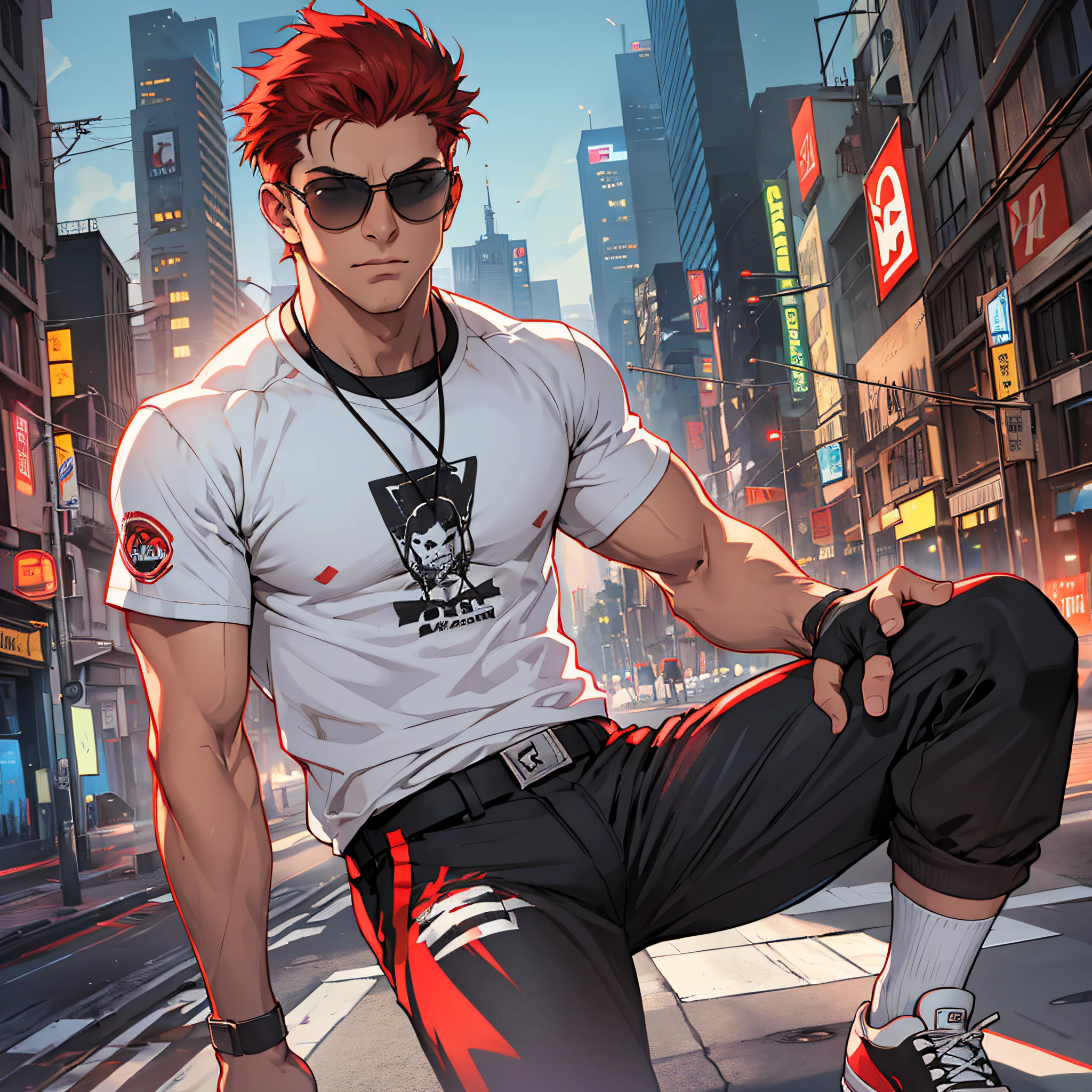 1boy, white shirt with Serious Sam logo, redhead, black pants, red sneakers, sunglasses, film lighting, portrait, good physique, night background
