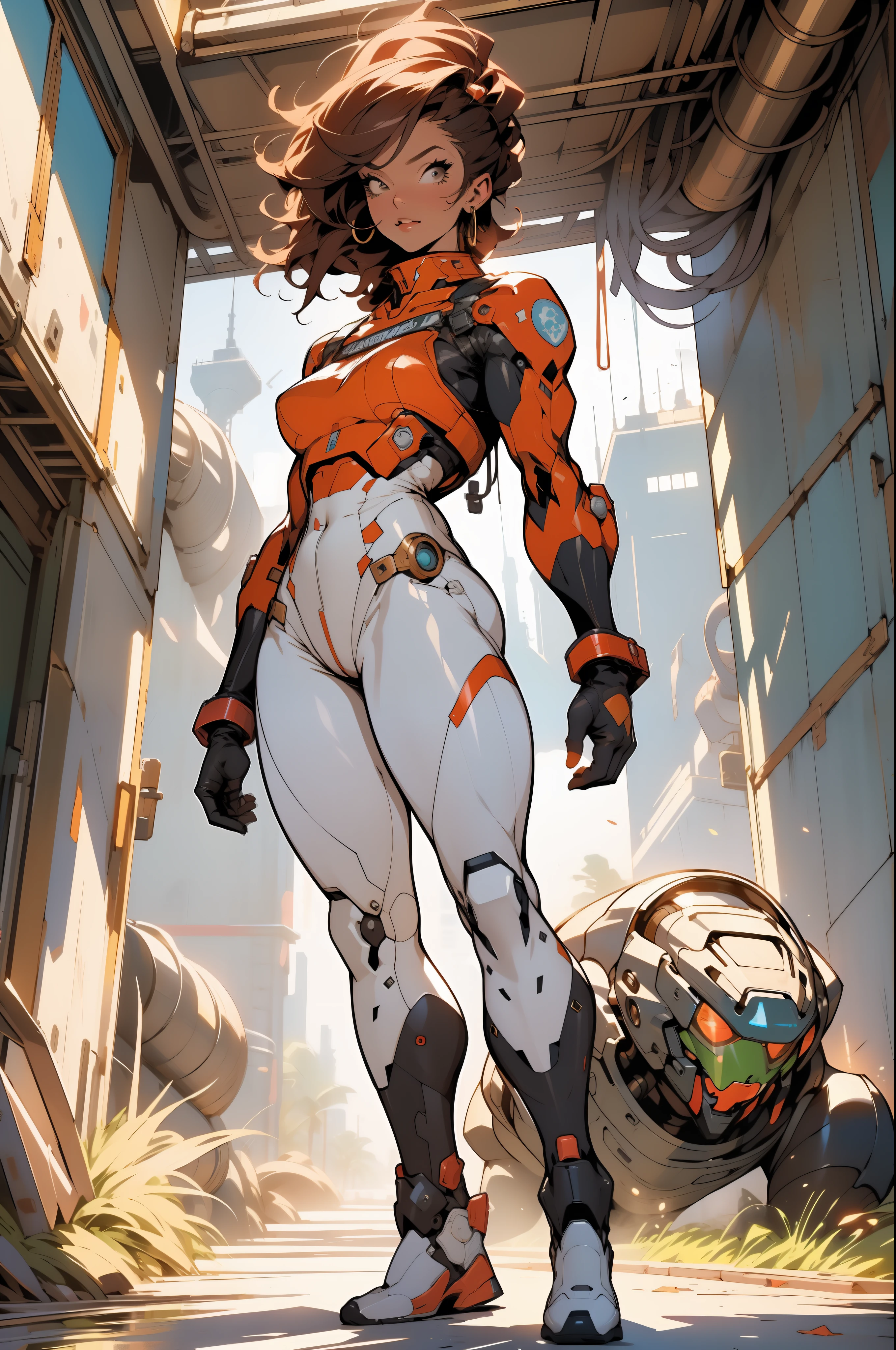 ((Best quality)), ((masterpiece)), (detailed: 1.4), (Absurd), (((full body)), (((woman))), 35-year-old woman, Beautiful muscular woman, giant robot pilot, perfect body savage, wearing little clothes, tiny thong