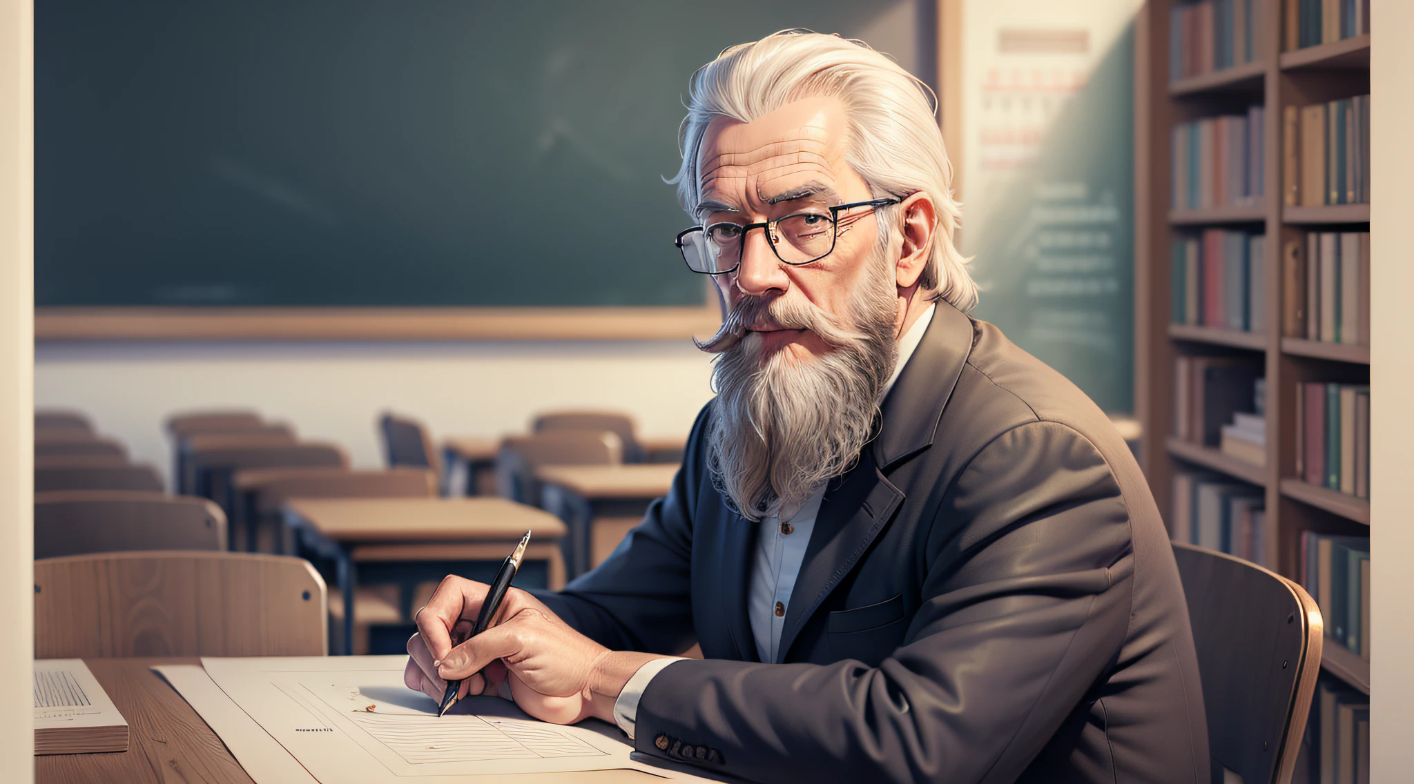 Drawing, ultra realistic, 8k, extremely detailed, in the best quality, a man, looking 50 years, teacher, with beard, and glasses, in a classroom.