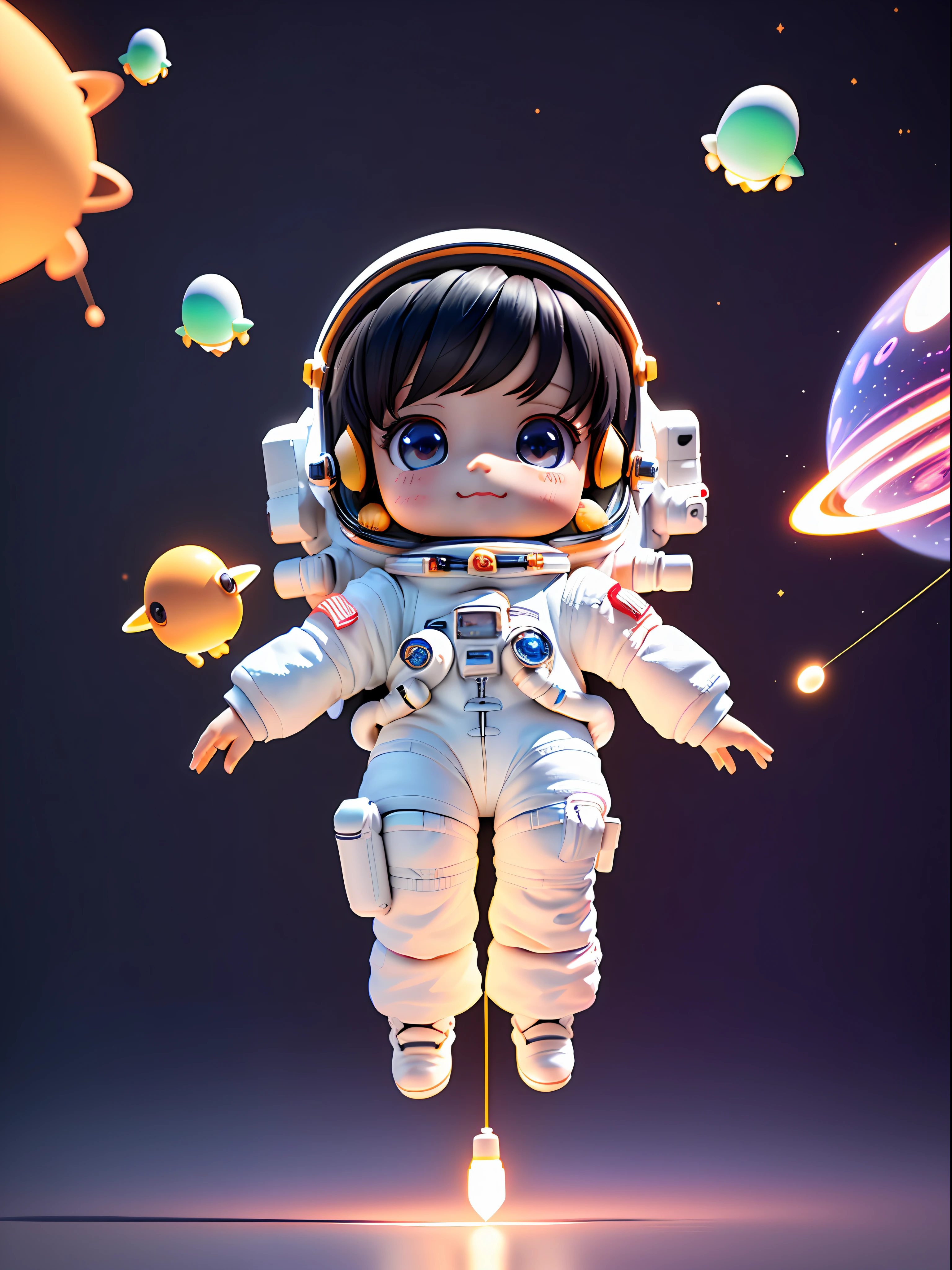 Super cute girl full body 3D drawing, 1pc, good looking eyes, big eyes, cute, happy, c4d, pop matt blind box, glowing bubbles, toys, solid color background, chibi, fluorescent translucency, luminous body, kawaii, doll, (((astronaut, white spacesuit)))), reference sheet, pop mart blind box, Pixar, intricate details, 3d rendering, blender, oc renderer, fol reference body sheet, dribble, High Details, 8K, Studio Lighting, Loli, Petite, Child, Chibi, SD characters: 1.1, Magic Space Background, Flying, Levitating, Black Hair