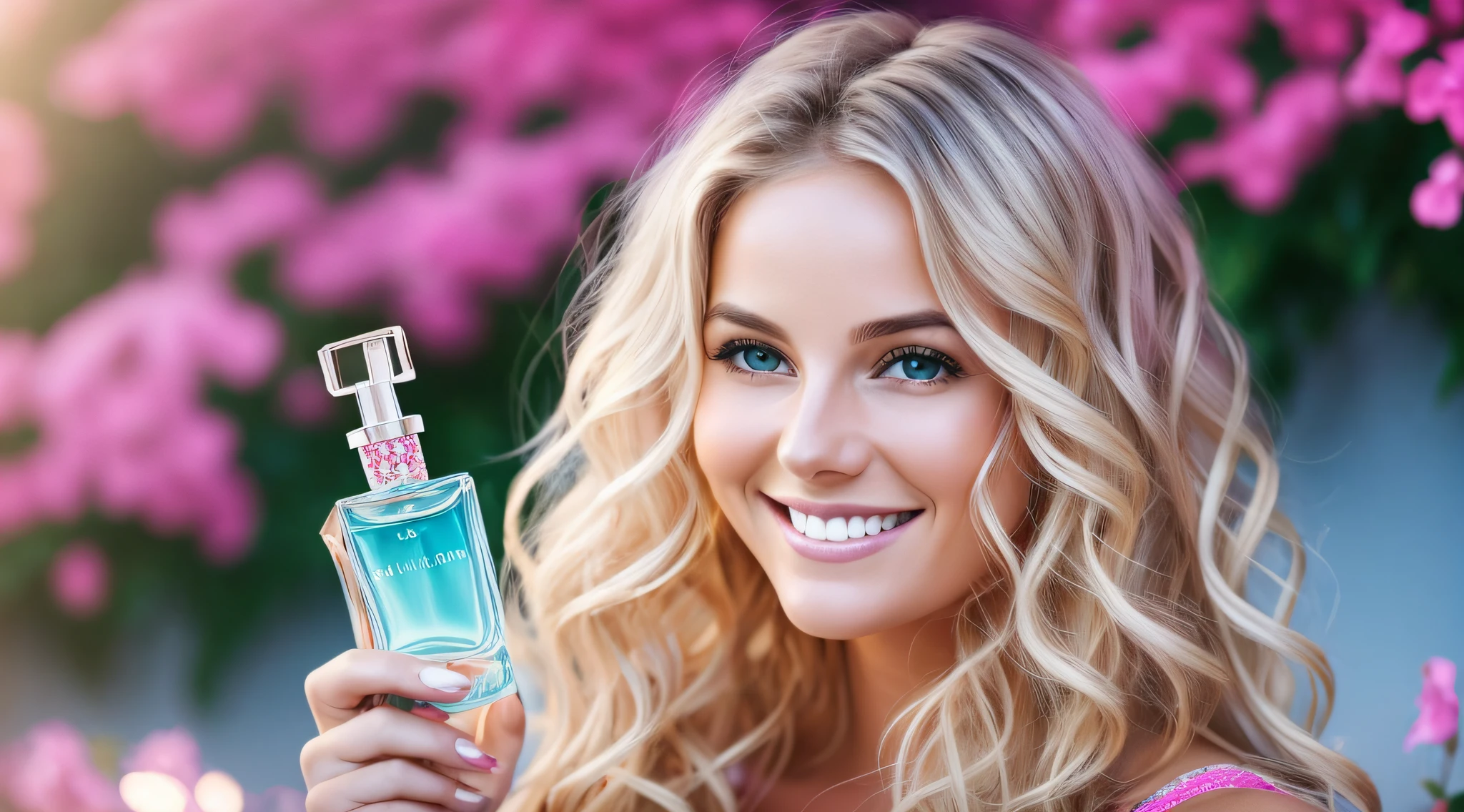 A wavy-haired blonde woman with an infectious smile on her face, gently holding a bottle of perfume in her right hand. The background features a smooth gradient that transitions from blue to pink, creating a cheerful and welcoming atmosphere. The sunlight gently illuminates the scenery, enhancing the beauty of the woman and the perfume bottle. Subtle details of curls in the hair and the radiant expression of the woman add a touch of charm and joy to the image
