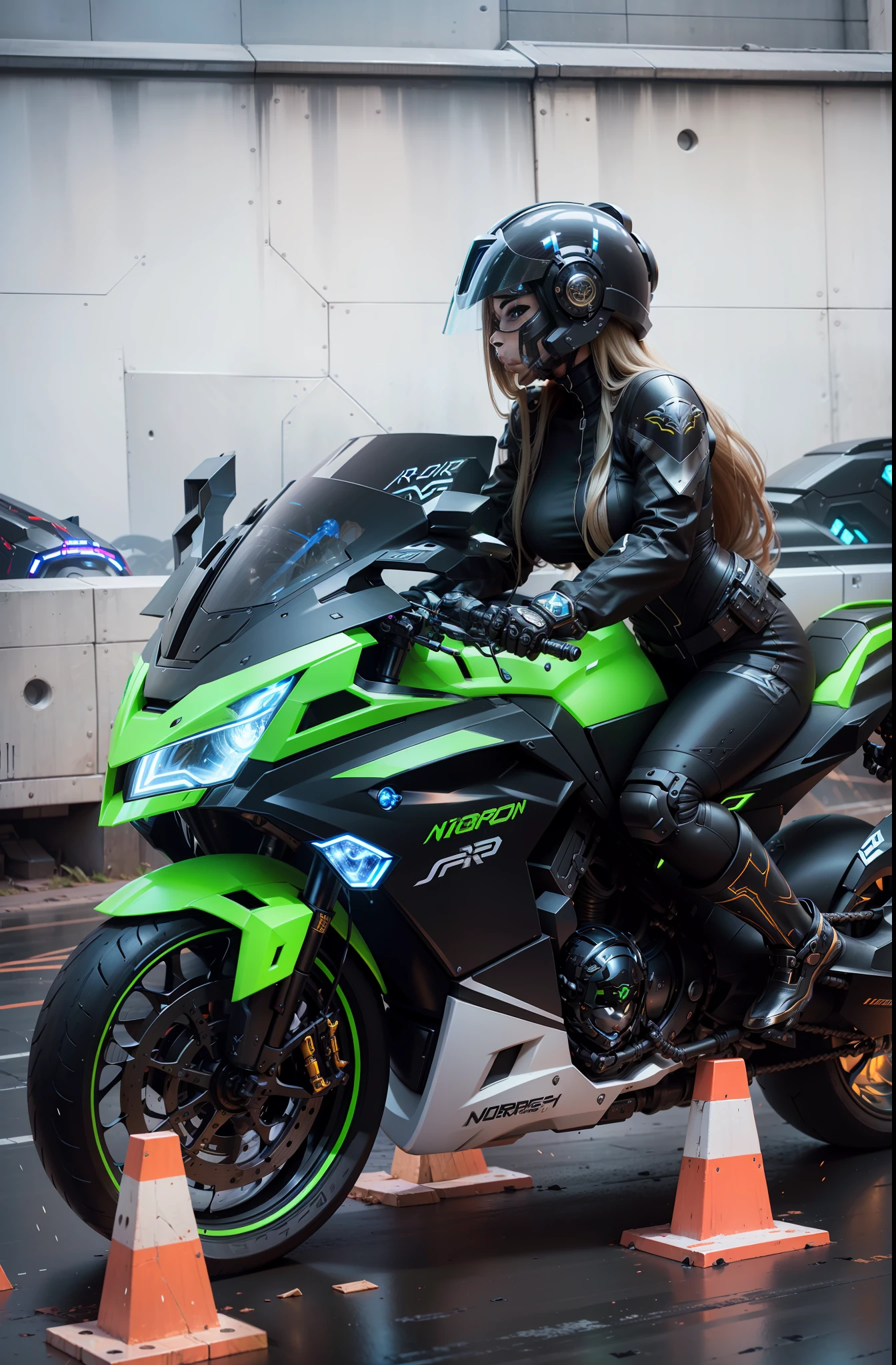 Sexy cyber female warrior and cyber mechanical motorcycle with long blonde hair. Full body exquisite high-tech armor, exquisite black tech helmet, Nousr, biomechanics, MSHN robot man, high-tech helmet, surreal, steel, intricate design, crazy details, fine details, extremely clear lines, cinematic lighting, photo realism, detailed masterpiece
