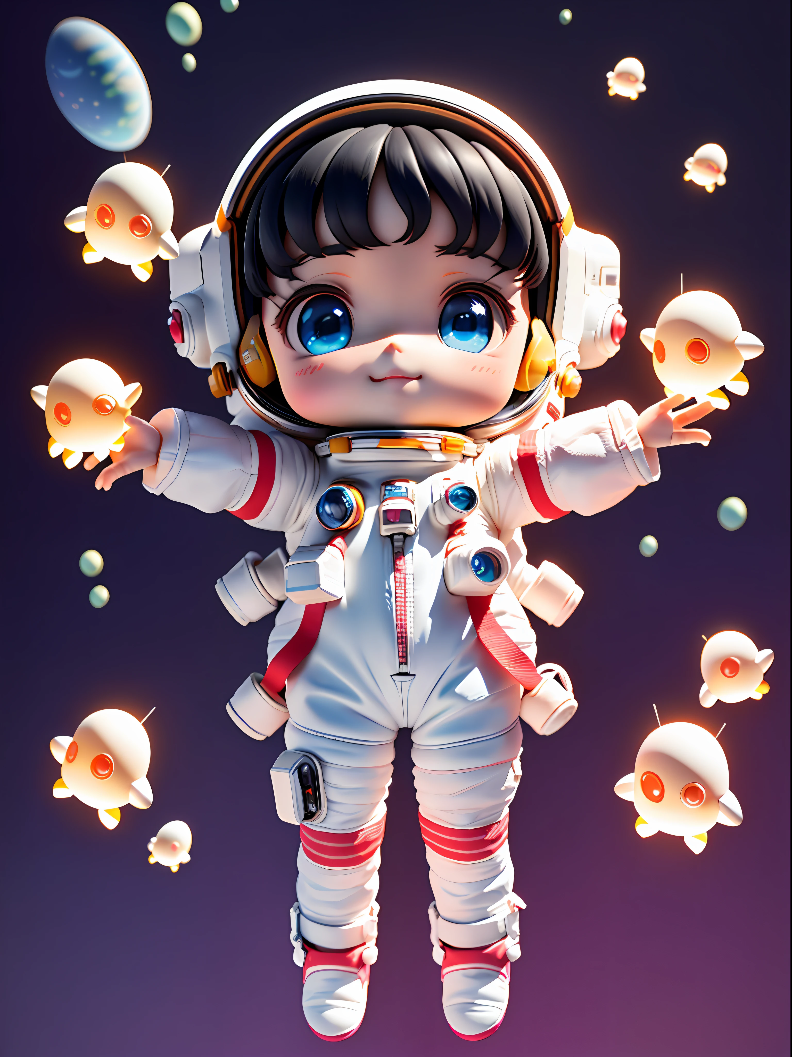 Super cute girl full body 3D drawing, 1pc, good looking eyes, big eyes, cute, happy, c4d, pop matt blind box, glowing bubbles, toys, solid color background, chibi, fluorescent translucency, luminous body, kawaii, doll, (((astronaut, white spacesuit)))), reference sheet, pop mart blind box, Pixar, intricate details, 3d rendering, blender, oc renderer, fol reference body sheet, dribble, high details, 8k, studio lighting, loli, petite, child, chibi, standard definition characters: 1.1, magic space background, flying, levitating, black hair, delicate and delicate hands, delicate hands, delicate hands, graceful hands, red flag armbands