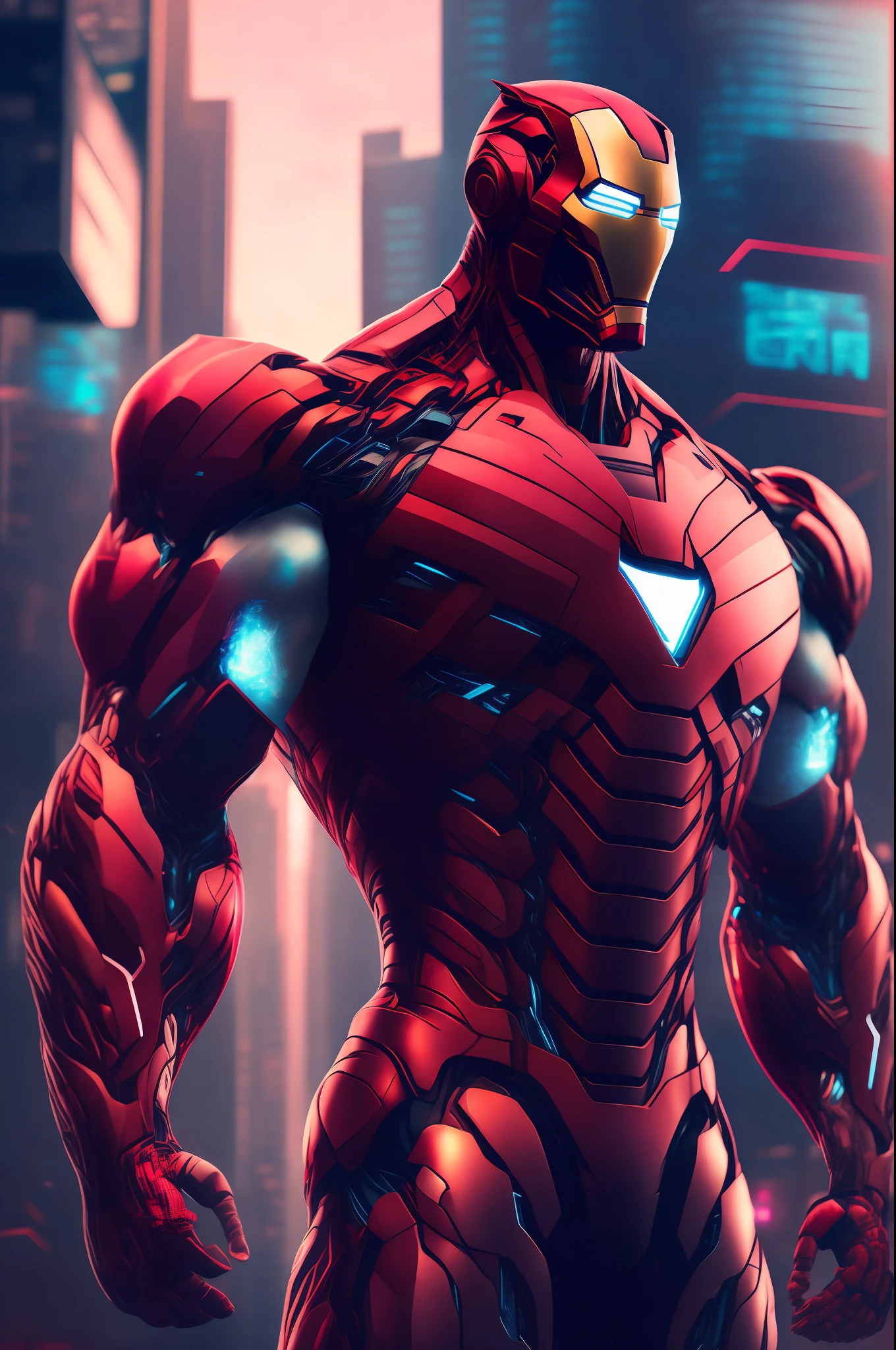 Iron Man Bodybuilder, Cyberpunk, 8k. Whole body, urban city background