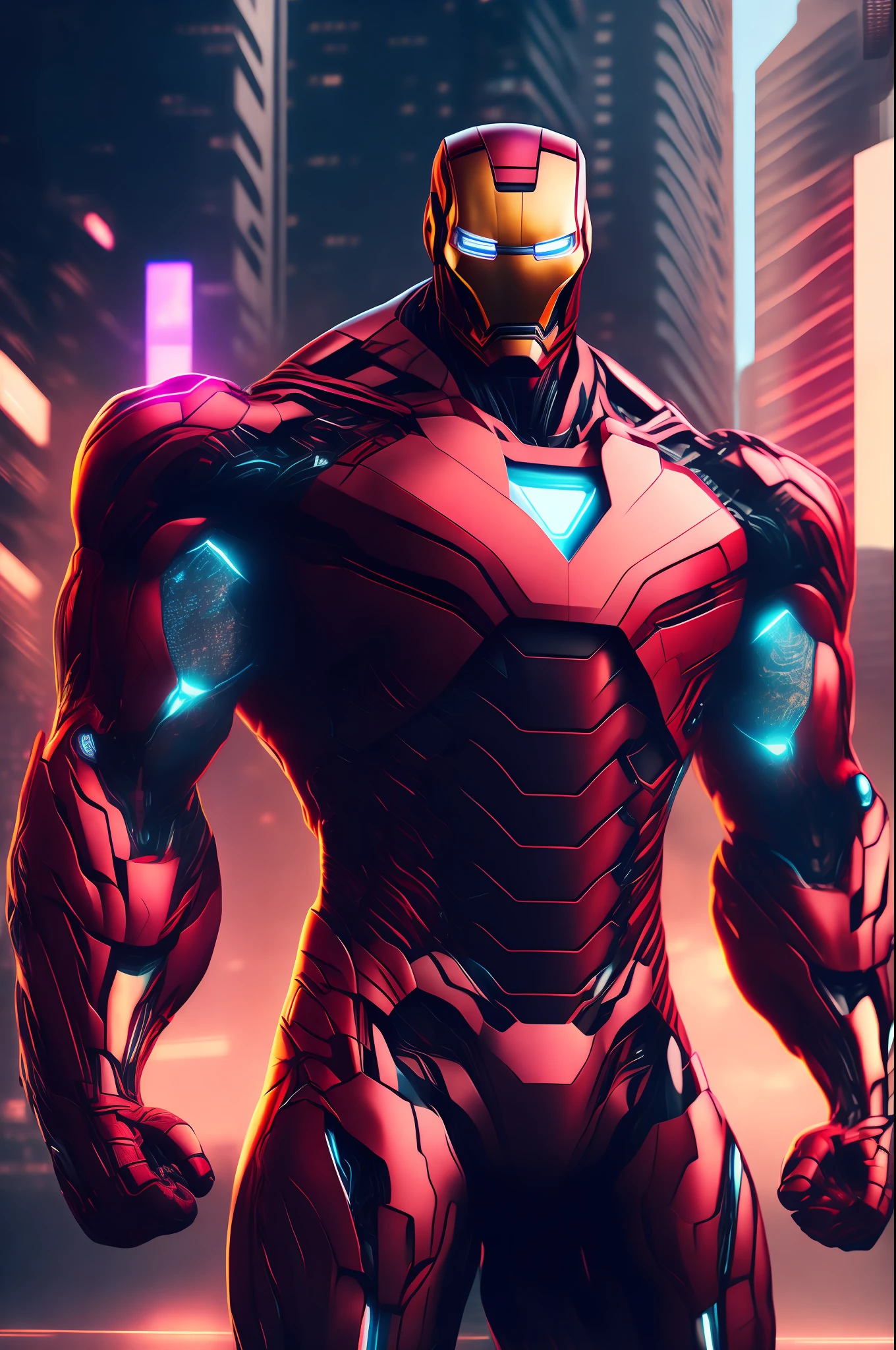 Iron Man Bodybuilder, Cyberpunk, 8k. Whole body, urban city background