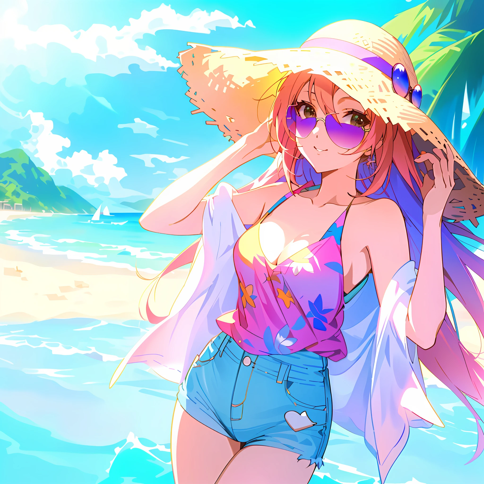 a woman in a hat and sunglasses standing on a beach, anime style 4 k, high quality anime artstyle, with straw hat, style artgerm, in the beach, summer time, digital anime art, digital anime illustration, commission for high res, beautiful anime girl, on a sunny beach, full body:: sunny weather::, ! dream artgerm
