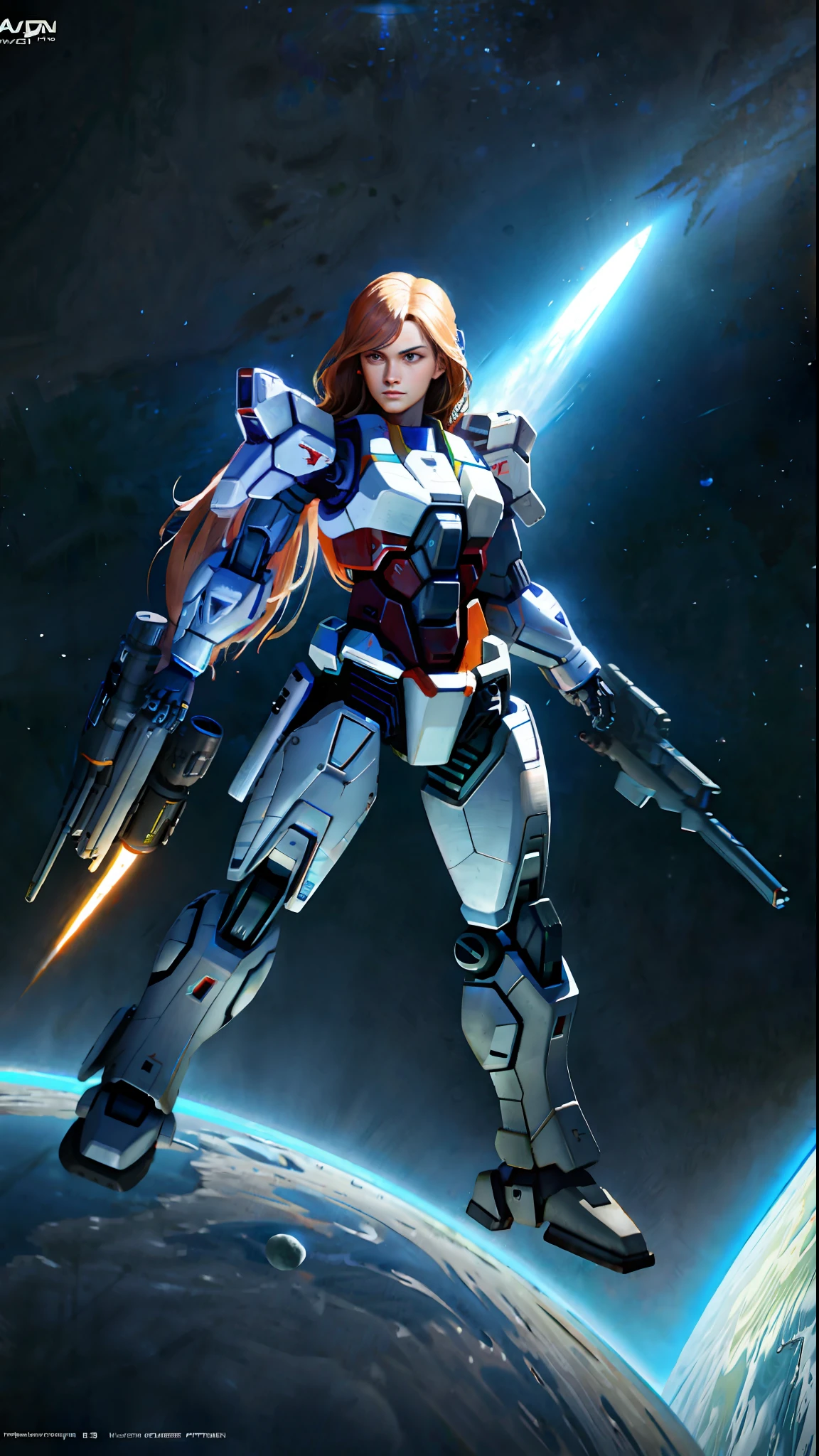 ((Masterpiece)),realistic photography, (solo exhibition: 1.4), (A beautiful woman wearing a close-fitting bikini mech suit))))Long hair, cute face, stylish and threatening design, bust, highly detailed, high detail background, combat, planet, hover, a giant shield, shoulder armor, mechanical tailgate, science fiction, fighter jet flying over the earth in space with the moon in the background, concept art, space art,