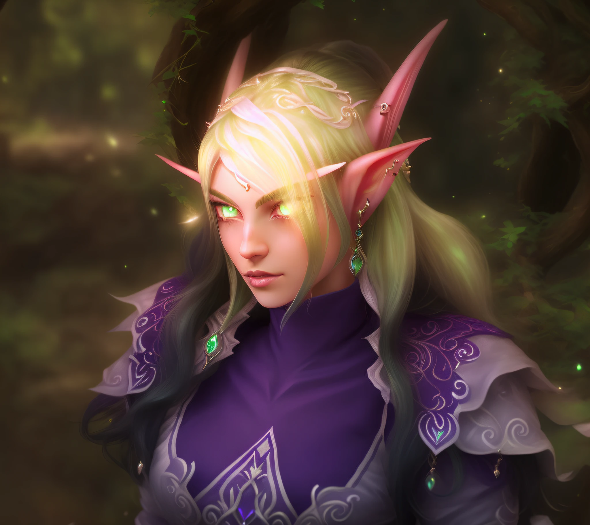 a close up of a woman in a purple outfit with green eyes, backview picture of elf priest, world of warcraft, portrait of a female elf warlock, female elf, pale pointed ears, she has elf ears and green eyes, elven character with smirk