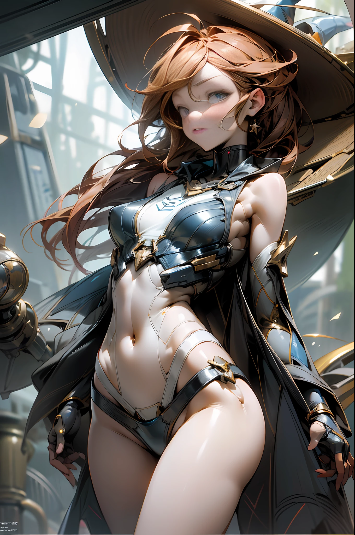 (Masterpiece, Best Quality: 1.2), super detail, cinematic lighting, HDR, witch in plain bikini swimsuit, full body, swimsuit, weightless, cute, beautiful face, beautiful eyes, short redhead, ahoge, slim body, small, hangar, dynamic angle, dynamic pose, 200mm lens,