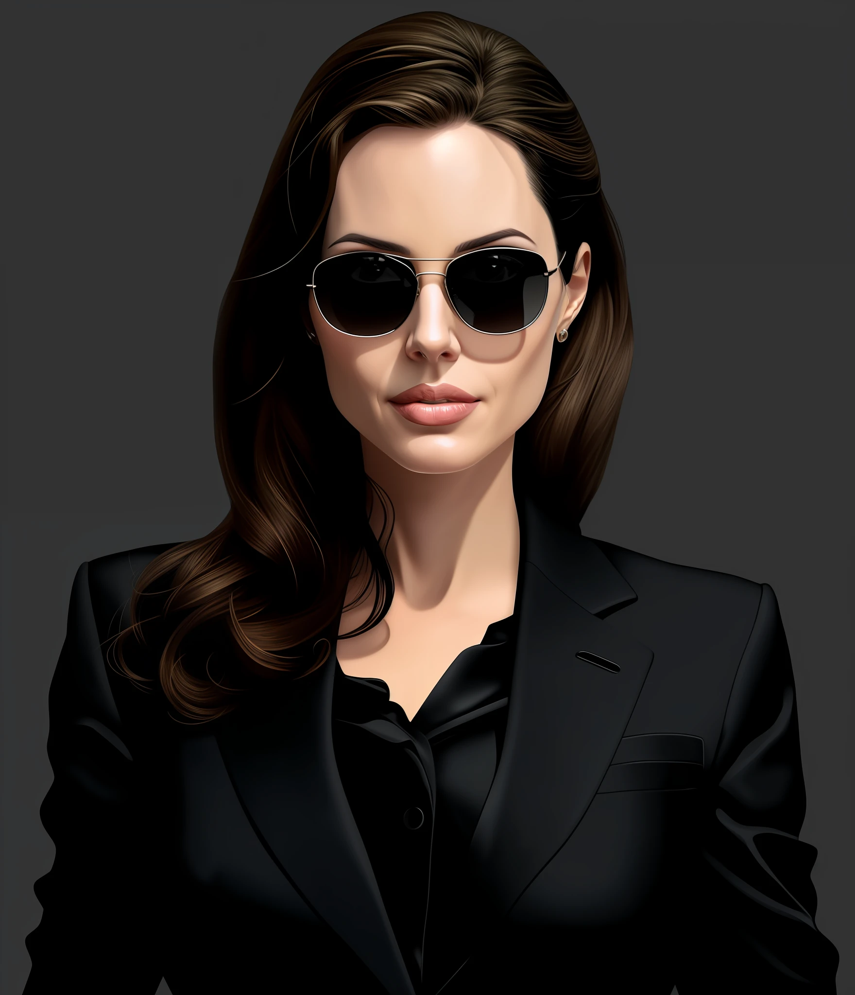 There is a woman in black suit and sunglasses posing for a photo, (sinister smile) portrait of Angelina Jolie, portrait of Angelina Jolie, portrait of Angelina Jolie, digital art of an elegant, in digital illustration style, woman in black business suit, female spy, with sunglasses, Angeline Jolie, in suit with black glasses,  High-quality portrait, in digital painting style