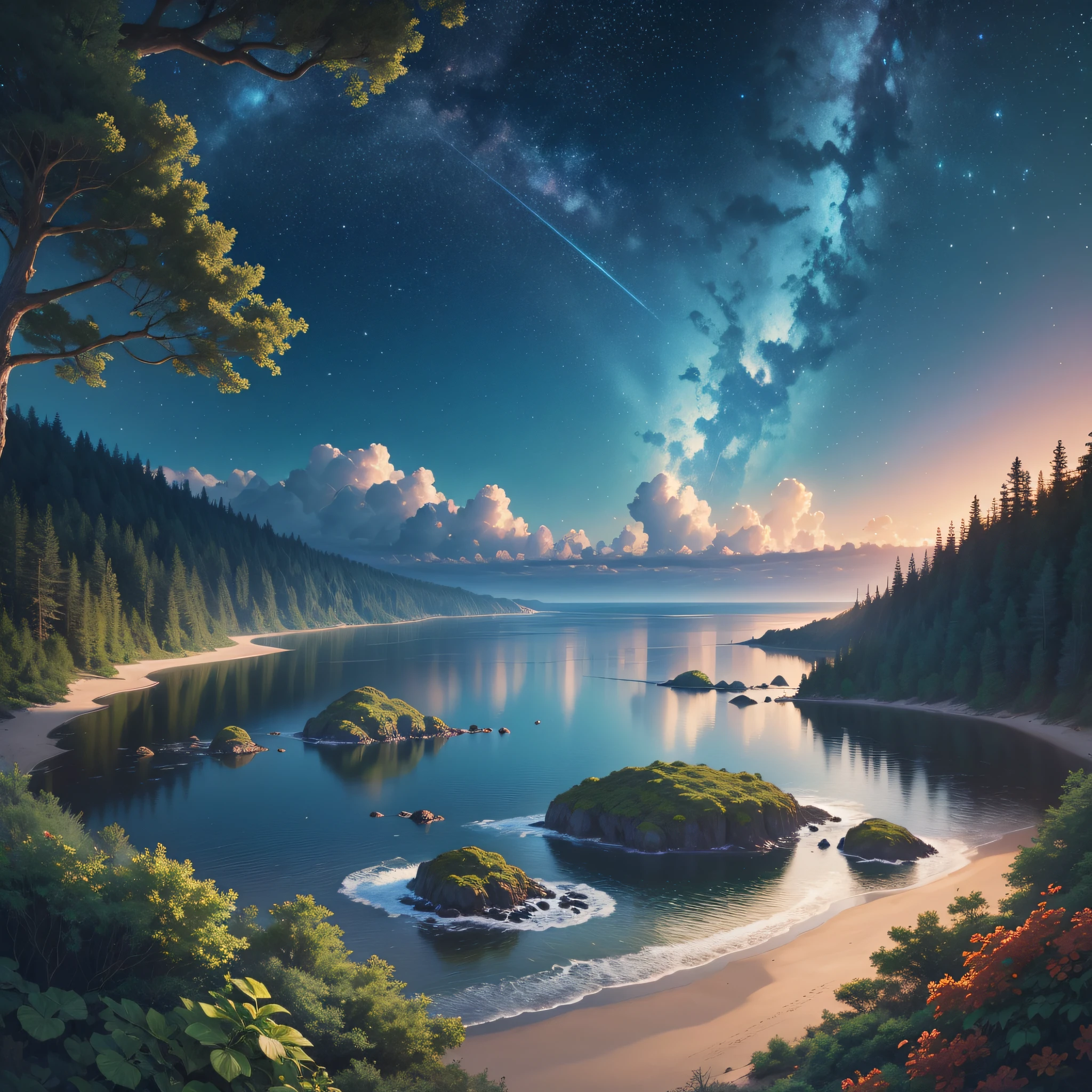 Forest, ocean, starry sky, computer wallpaper, 1440*900, 4K, realistic, extra large size --auto --s2