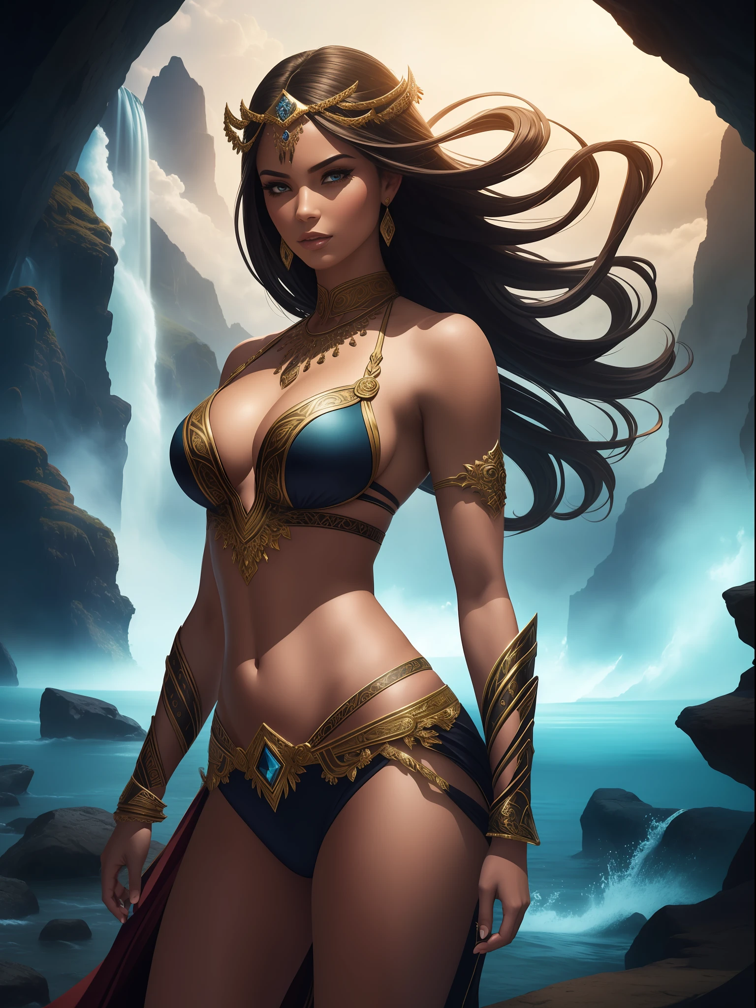 Create an awe-inspiring, highly detailed digital artwork that showcases the stunning beauty of a 27-year-old woman adorned in an intricately designed warrior bikini. The woman exudes confidence and strength, her flawless anatomy reflecting a harmonious balance of grace and power. The vibrant colors and meticulous details of her outfit captivate the viewer's attention, evoking a sense of exotic allure and fantastical aesthetics.
Employ cinematic lighting to accentuate the woman's features, casting dramatic shadows that add depth and dimension to the scene. Illuminate her figure with a combination of soft, warm highlights and striking, cool contrasts, creating a captivating play of light and shadow.
The background should be carefully composed, with dynamic elements that enhance the overall atmosphere. Consider a majestic landscape or an otherworldly realm as the setting, incorporating elements such as towering mountains, cascading waterfalls, or mystical ruins. Use imaginative touches, like floating orbs, swirling mists, or ethereal particles, to infuse the scene with a touch of magic and wonder.
The artwork should convey a sense of cinematic grandeur, as if captured from an epic tale or a visually stunning film. Every brushstroke should showcase the artist's attention to detail, emphasizing the woman's strength, beauty, and the fantastical world she inhabits. Invite viewers to immerse themselves in this captivating visual narrative, fueling their imagination and leaving them in awe of the warrior's formidable presence
